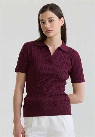 Kadın Saç Örgü Desenli Düğmesiz Triko Polo T-Shirt