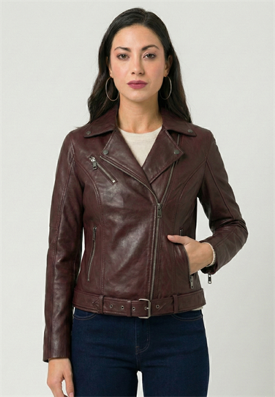 Kadın Slim Fit Çapraz Fermuarlı Deri Ceket - Bordo