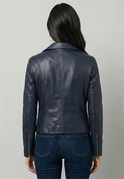 Kadın Slim Fit Çapraz Fermuarlı Deri Ceket - Koyu Mavi