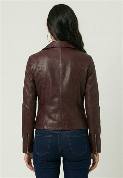 Kadın Slim Fit Çapraz Fermuarlı Deri Ceket - Bordo