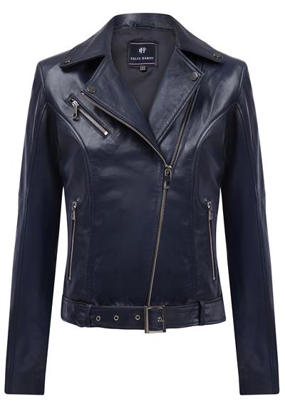 Kadın Slim Fit Çapraz Fermuarlı Deri Ceket - Koyu Mavi