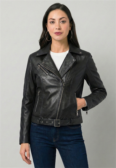 Kadın Slim Fit Çapraz Fermuarlı Deri Ceket - Siyah