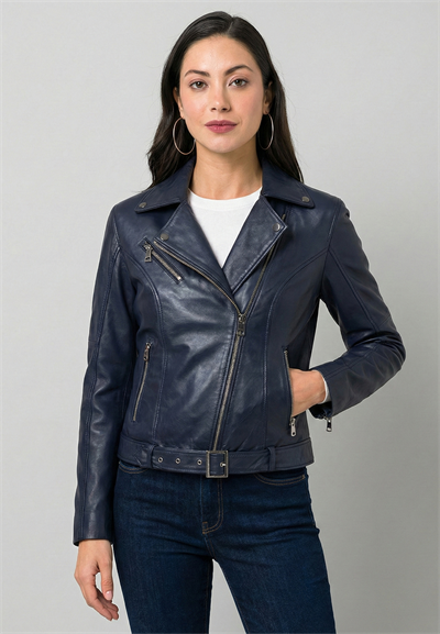 Kadın Slim Fit Çapraz Fermuarlı Deri Ceket - Koyu Mavi