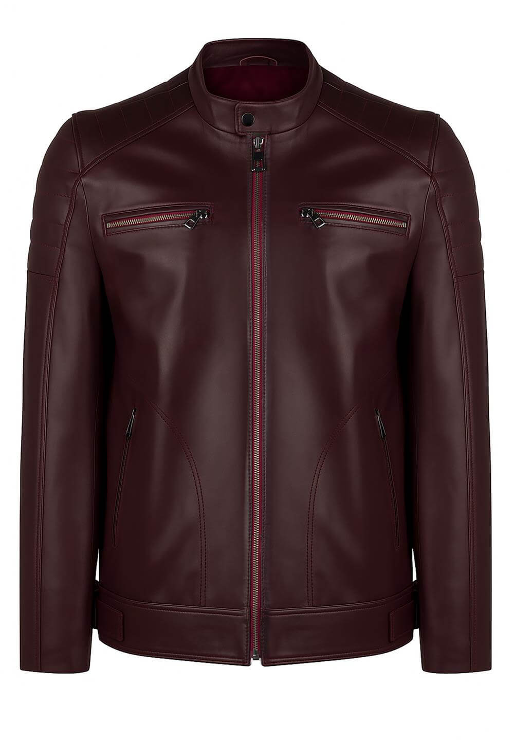 Erkek Bordo -Fermuarlı Deri  Biker CeketFelix HardyFHMLJT031-3