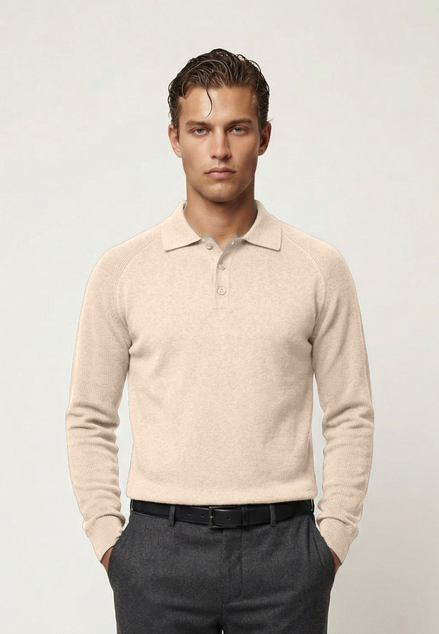 Erkek Düğmeli Polo Yaka  Kazak-BejFelix HardyFHMPLV893-2