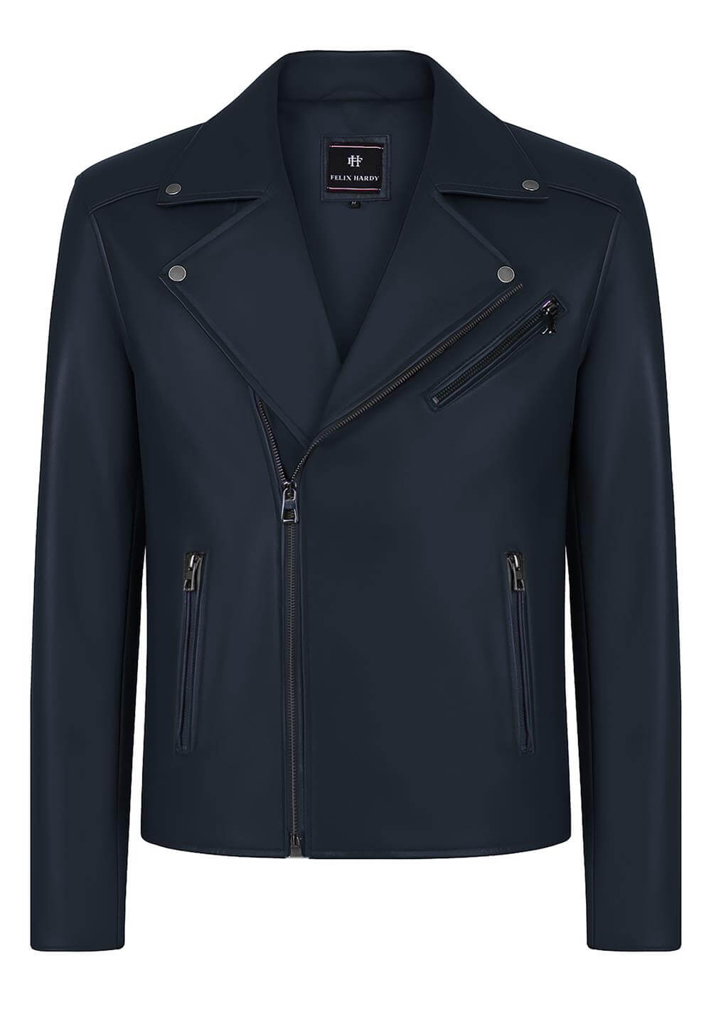 Erkek Lacivert Deri Biker CeketFelix HardyFHMLJT028-2