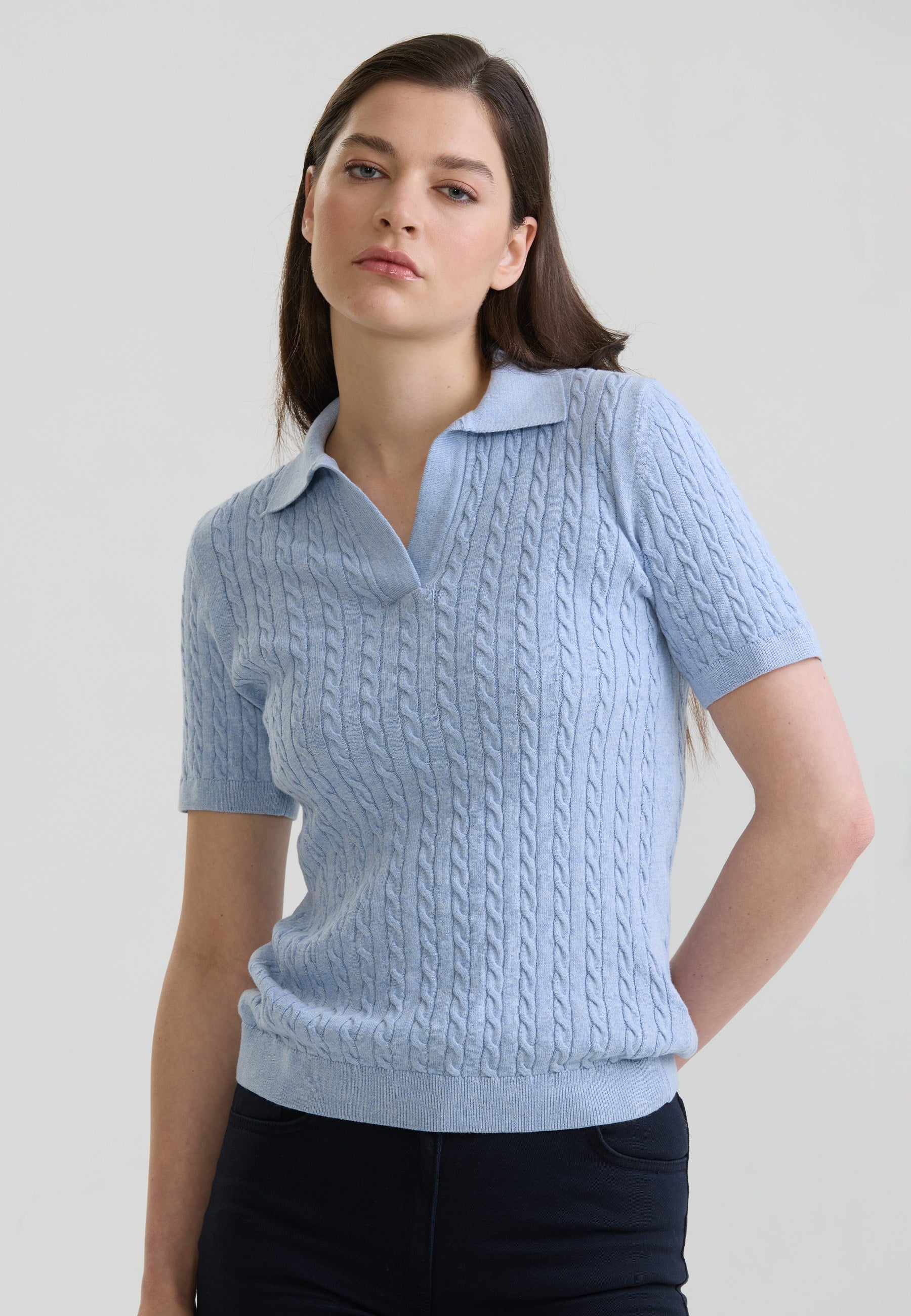 Kadın Saç Örgü Desenli Düğmesiz Triko Polo T-ShirtFelix HardyFHWPLO924-2