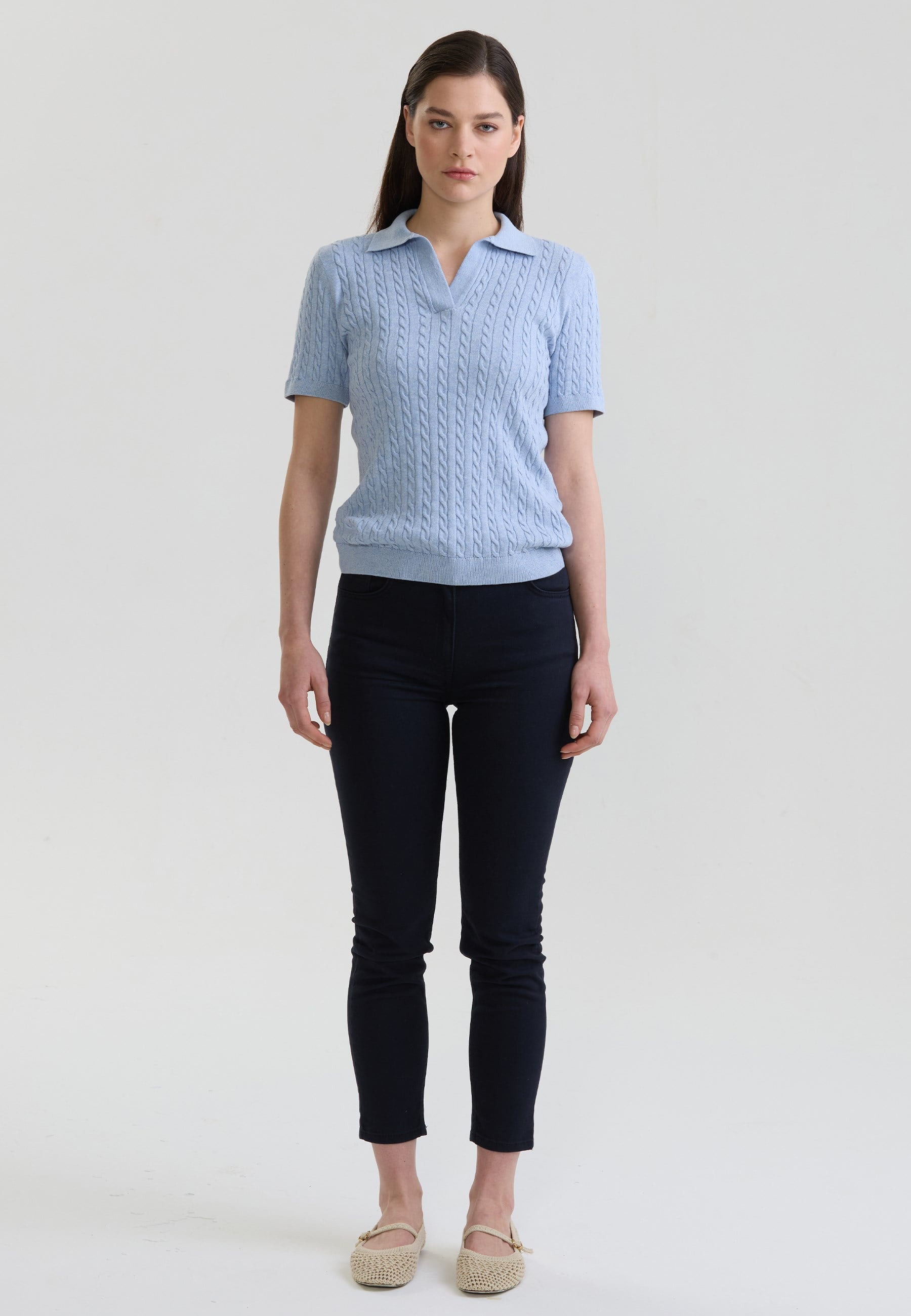 Kadın Saç Örgü Desenli Düğmesiz Triko Polo T-ShirtFelix HardyFHWPLO924-2