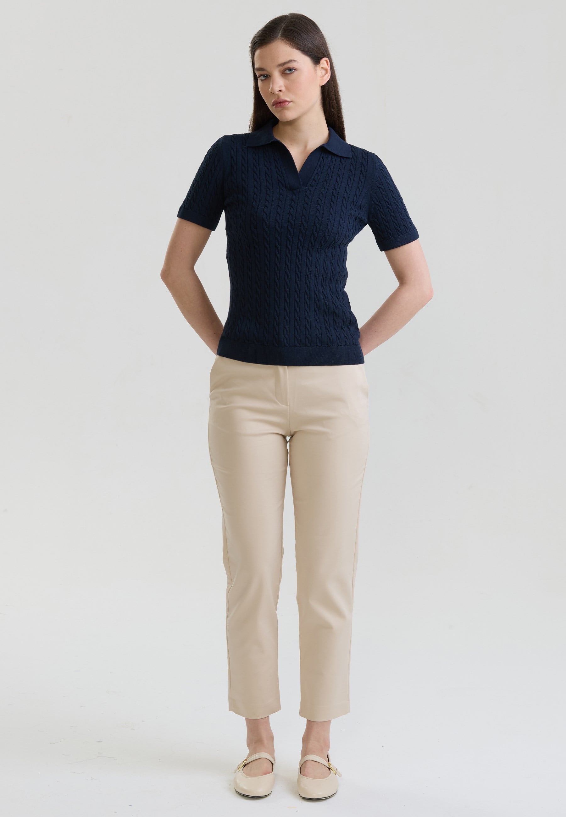 Kadın Saç Örgü Desenli Düğmesiz Triko Polo T-ShirtFelix HardyFHWPLO924-4