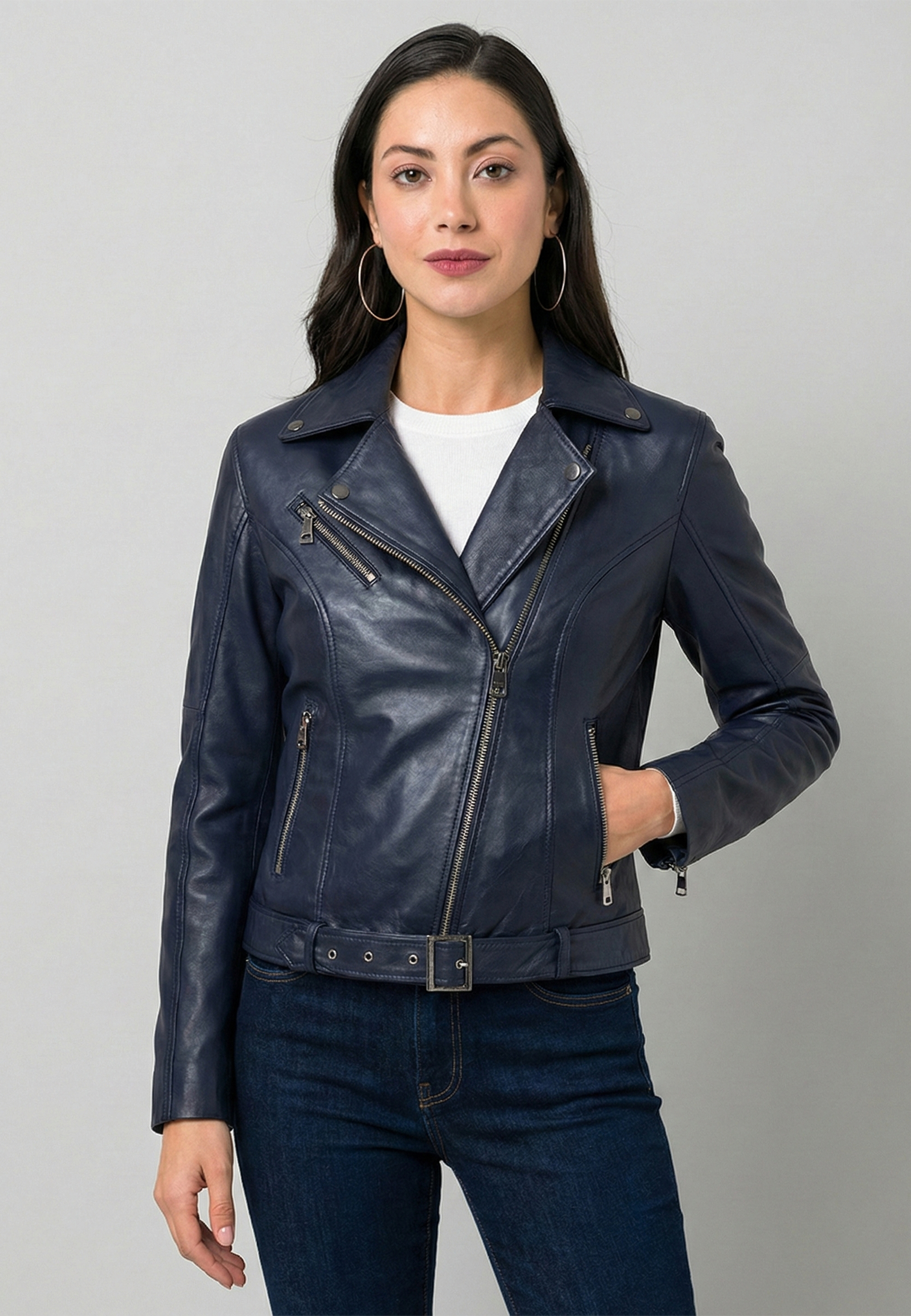 Kadın Slim Fit Çapraz Fermuarlı Deri Ceket - Koyu MaviFelix HardyFHWLJT2017-2
