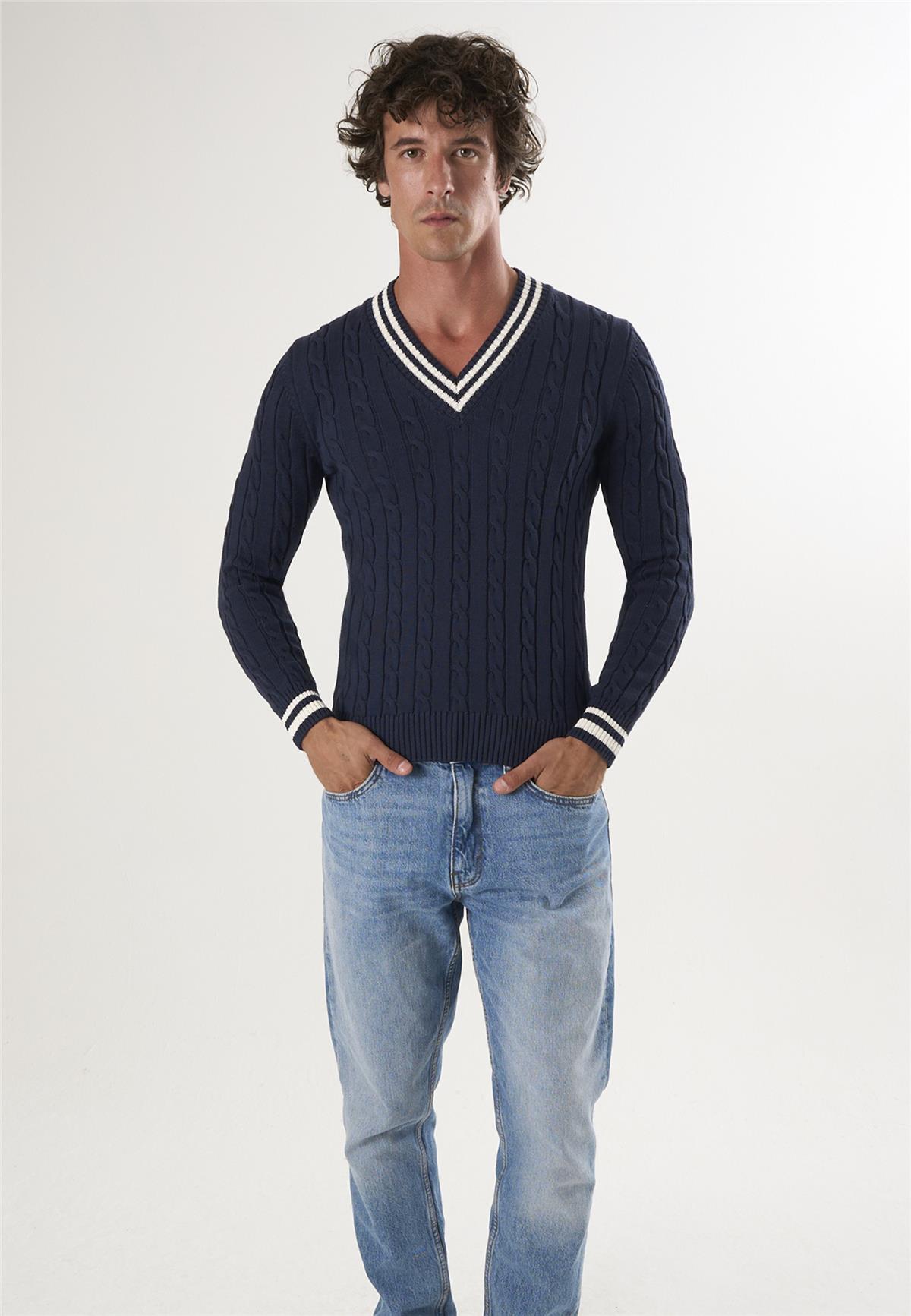 V Yaka Basic Örgü Desenli KazakFelix HardyFHMPLV857-1