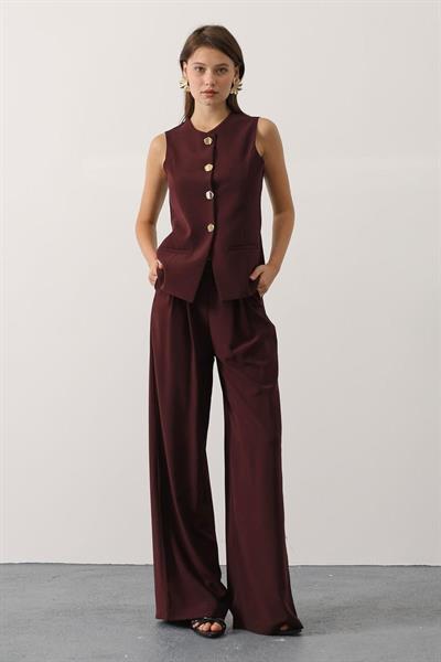 Bordo Düğmeli Yelek Pantolon Alt - Üst Takım 