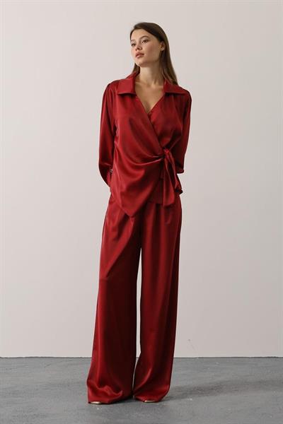 Bordo V Yaka Bluz Pantolon Alt - Üst Takım
