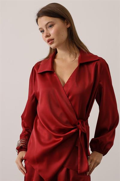 Bordo V Yaka Bluz Pantolon Alt - Üst Takım