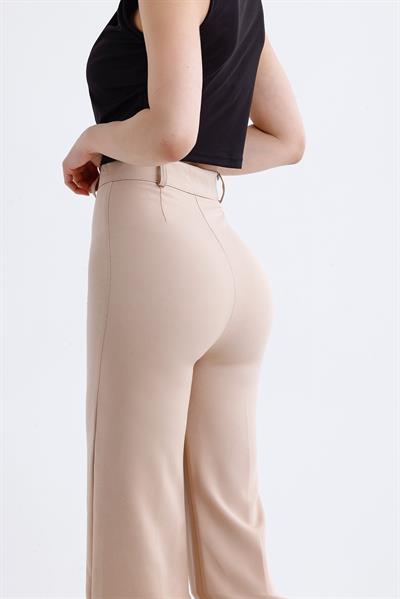 Yüksek Bel Bol Paça Pantolon Bej