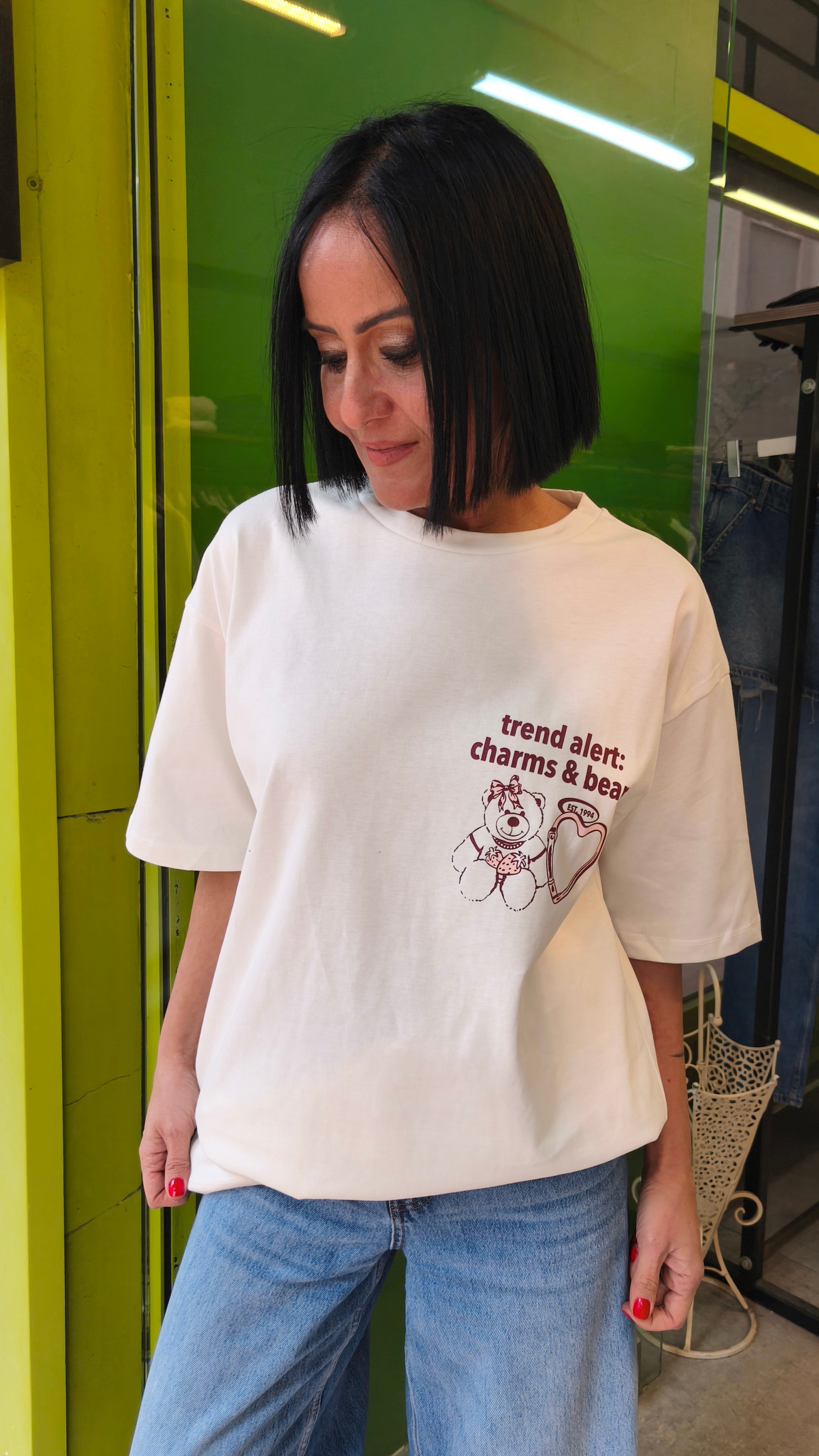 Ekru Oversize Baskılı Tişört