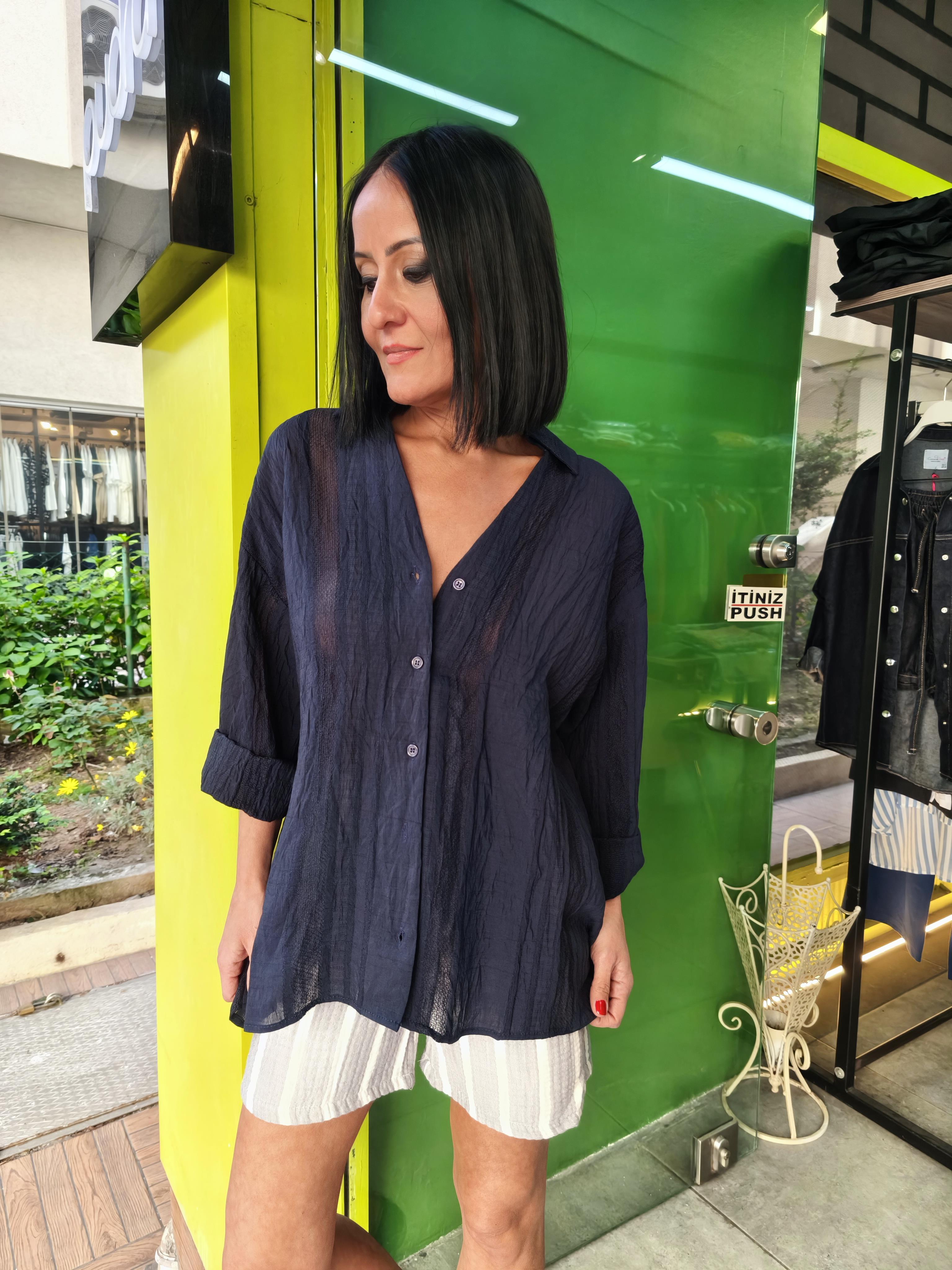 Gri Çizgili Müslin Şort