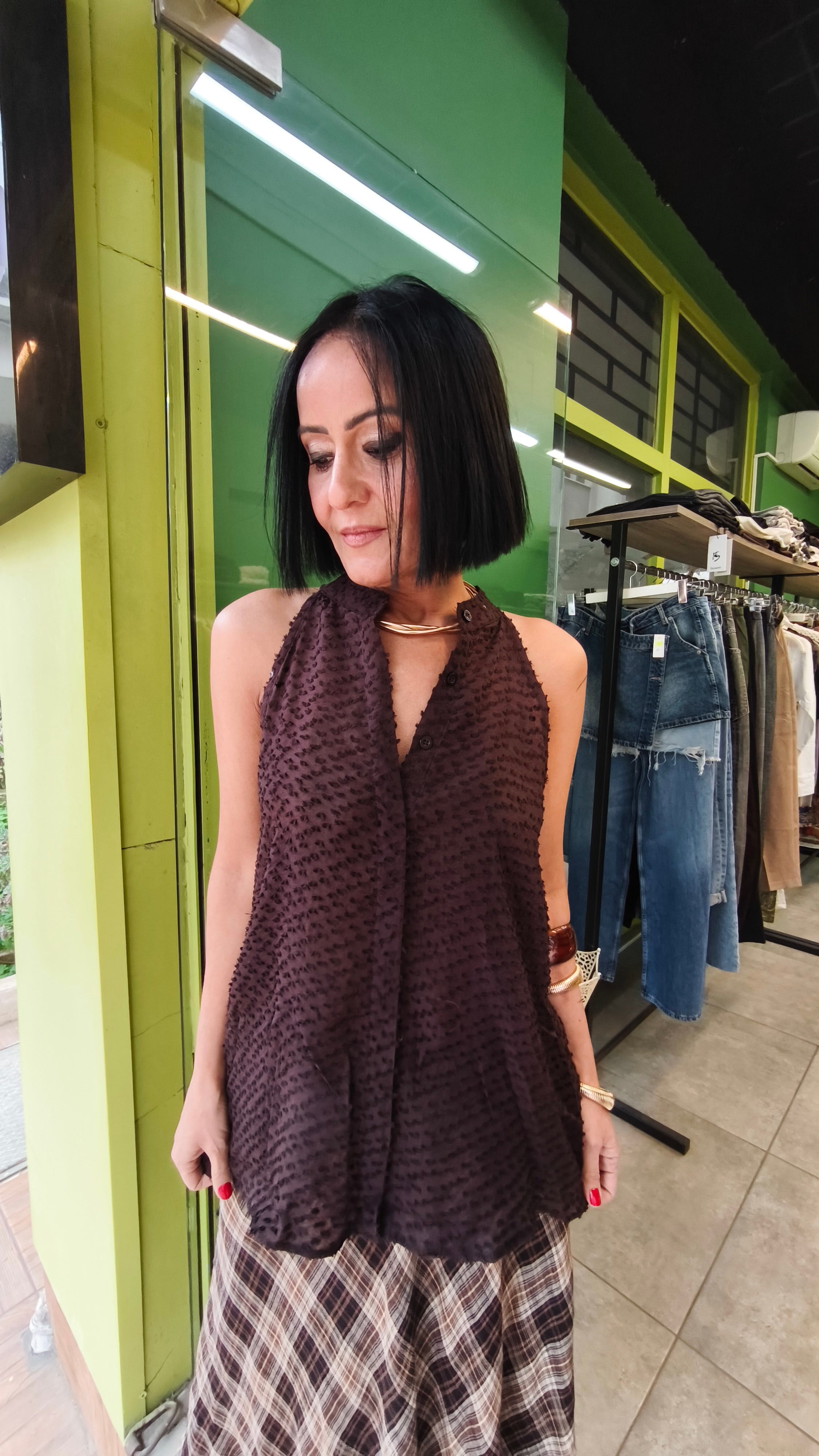 Kahve Kolsuz,Halter Yaka Bluz