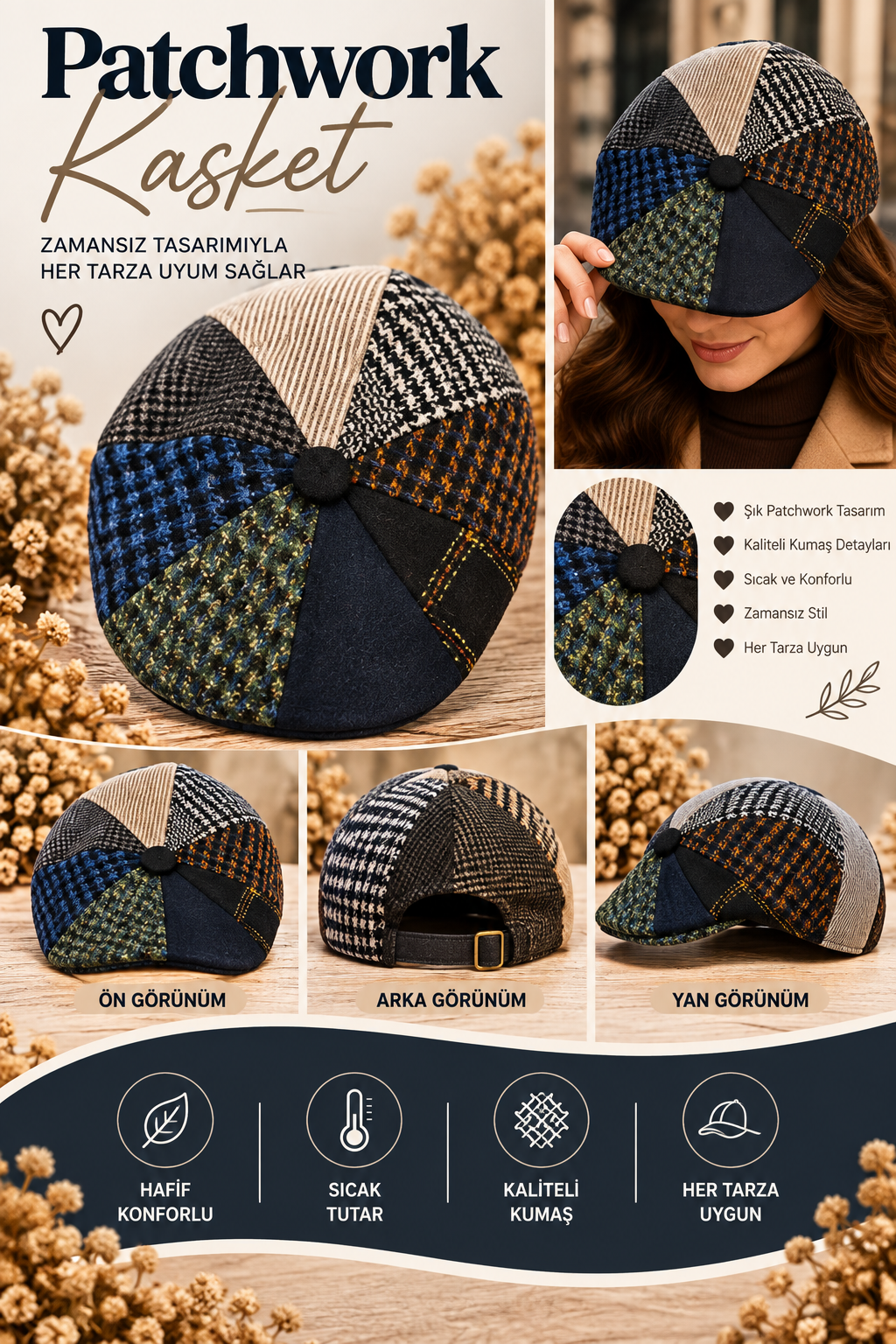 Lacivert,Çok Renkli Patchwork Kasket