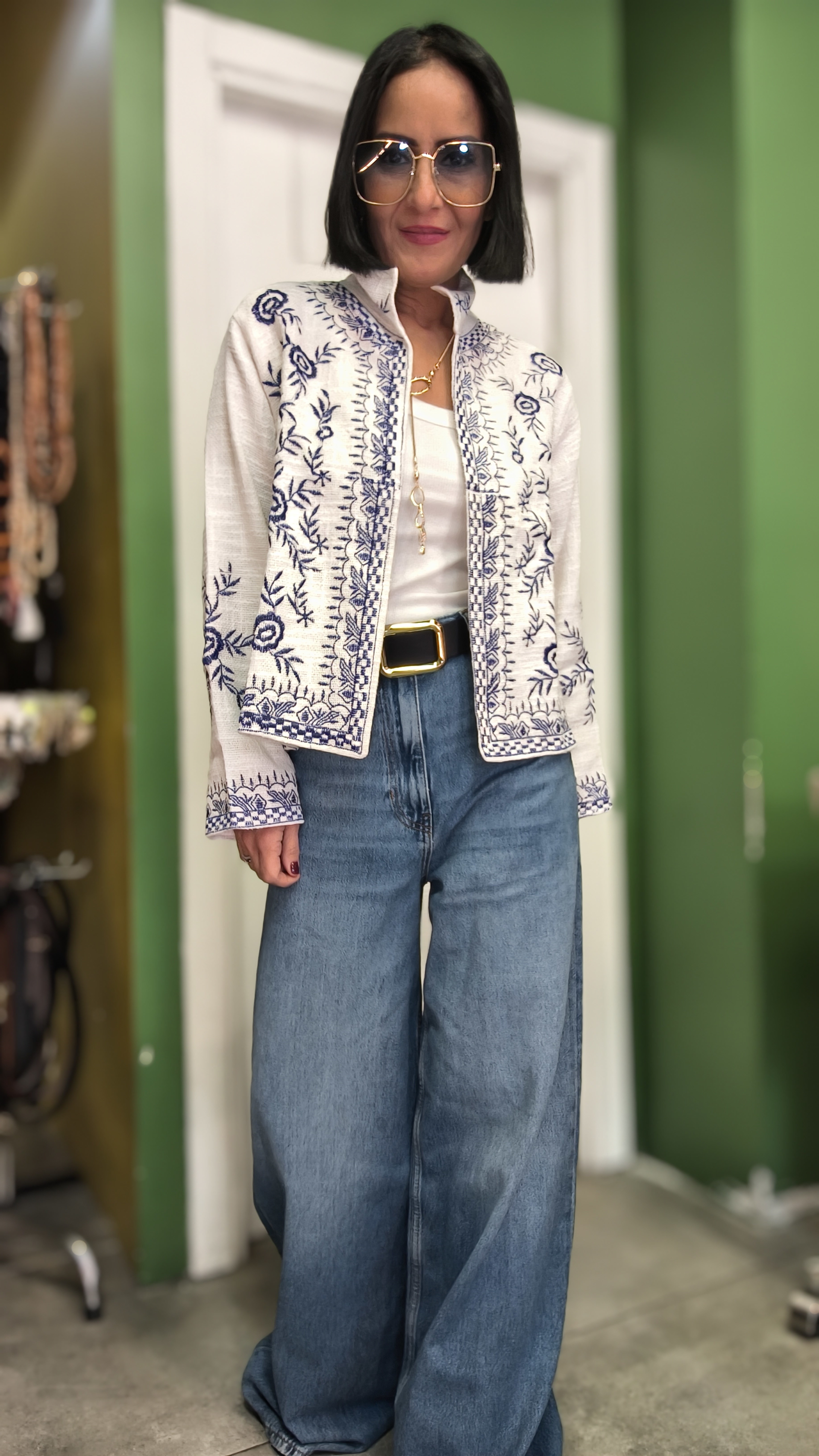 Mavi Nakış Detaylı Cotton Ceket
