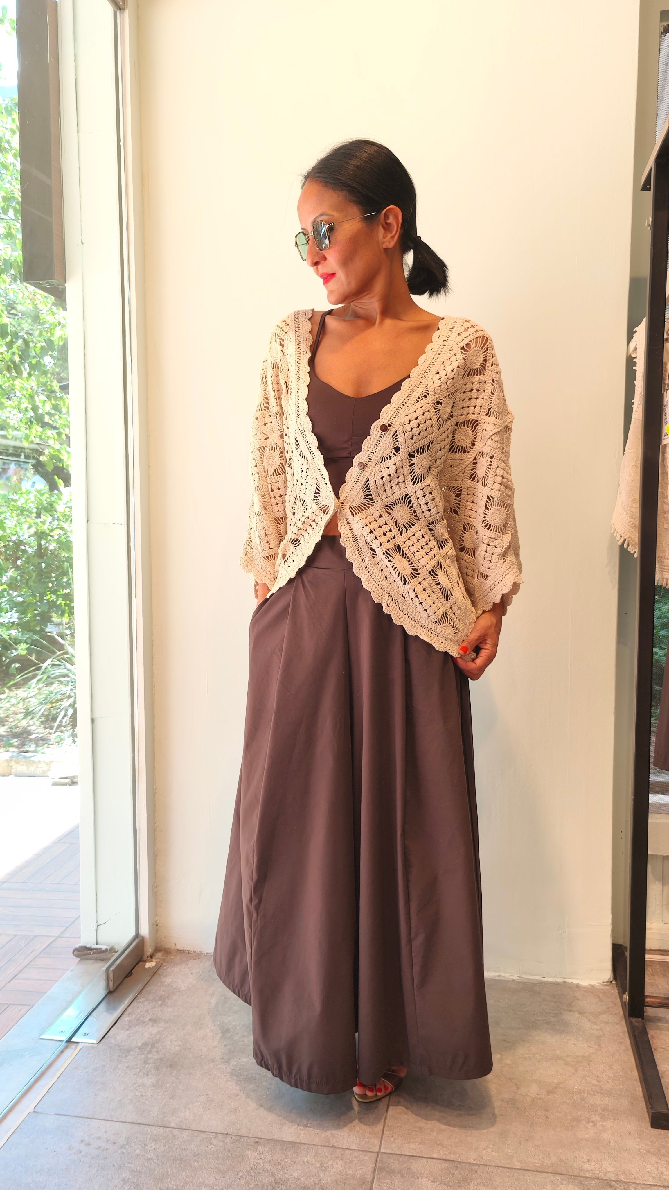 Natural Dantel İşlemeli, Cotton,Önden Düğmeli Salaş Bluz