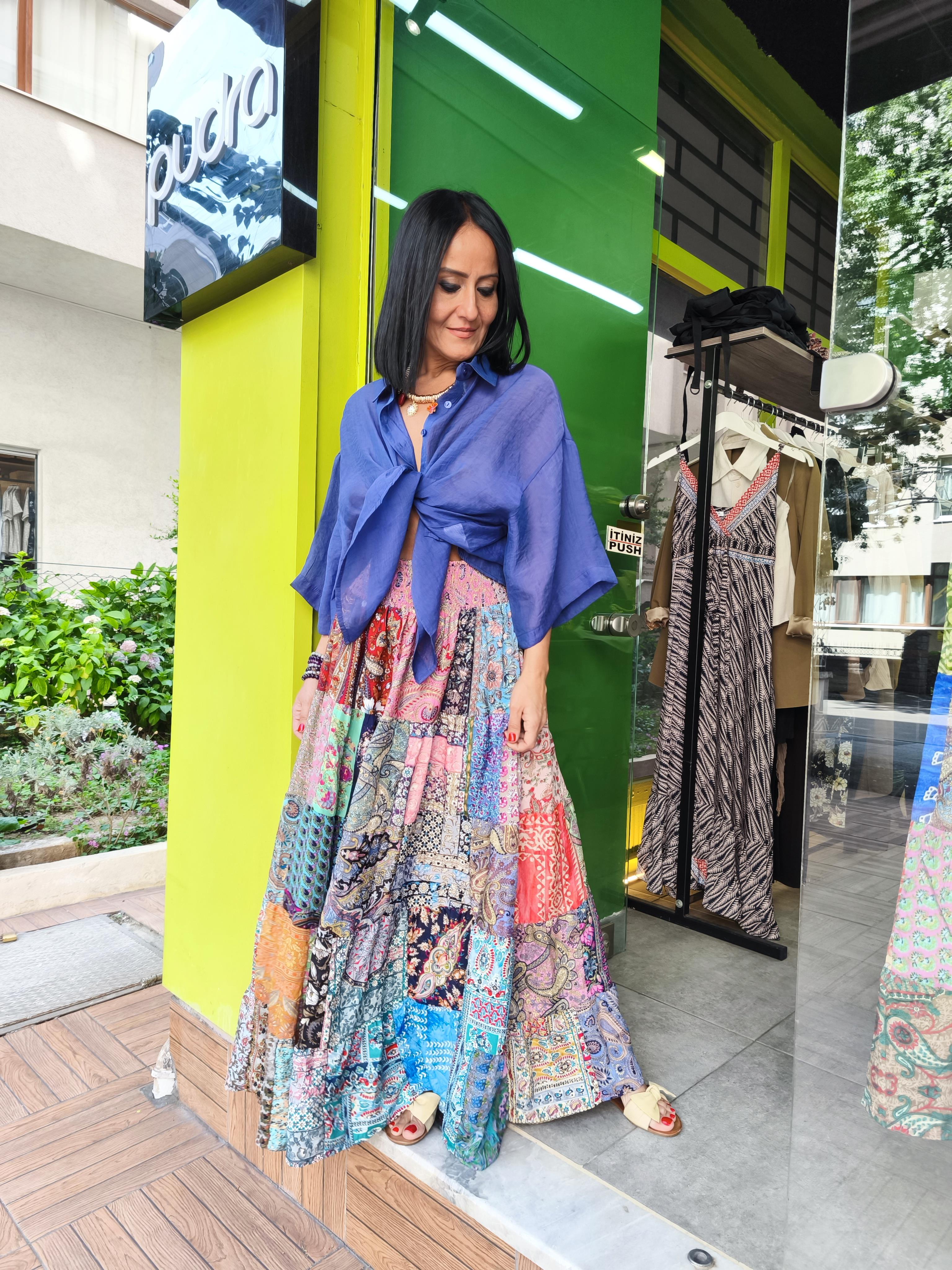 Saks Mavi Oversize İpeksi Gömlek