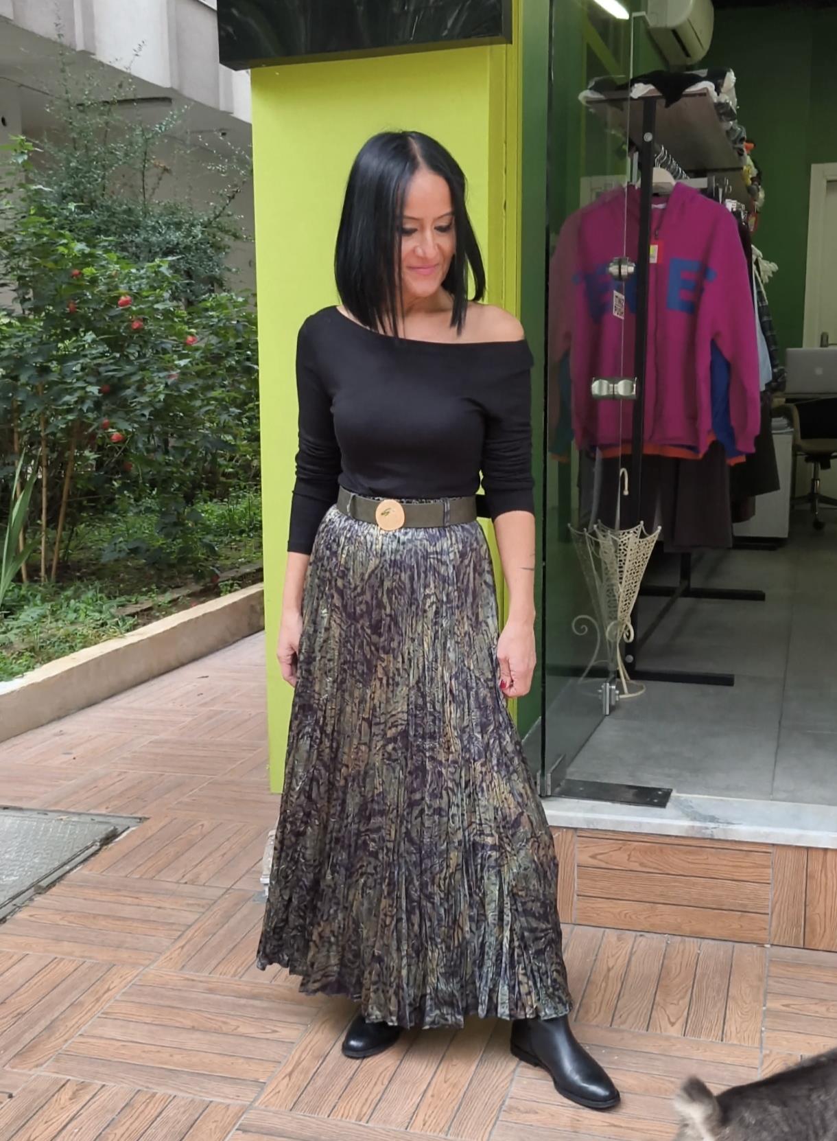 Yeşil Pliseli Kırışık Etek