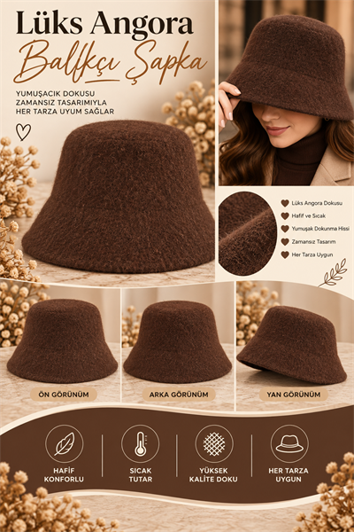 Kahve,Lüx Angora Balıkçı Şapka