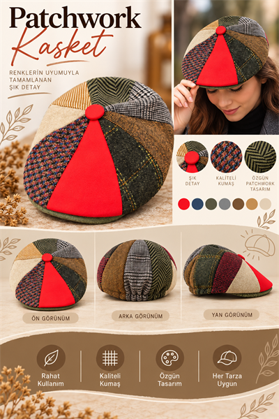 Kırmızı,Çok Renkli Patchwork Kasket