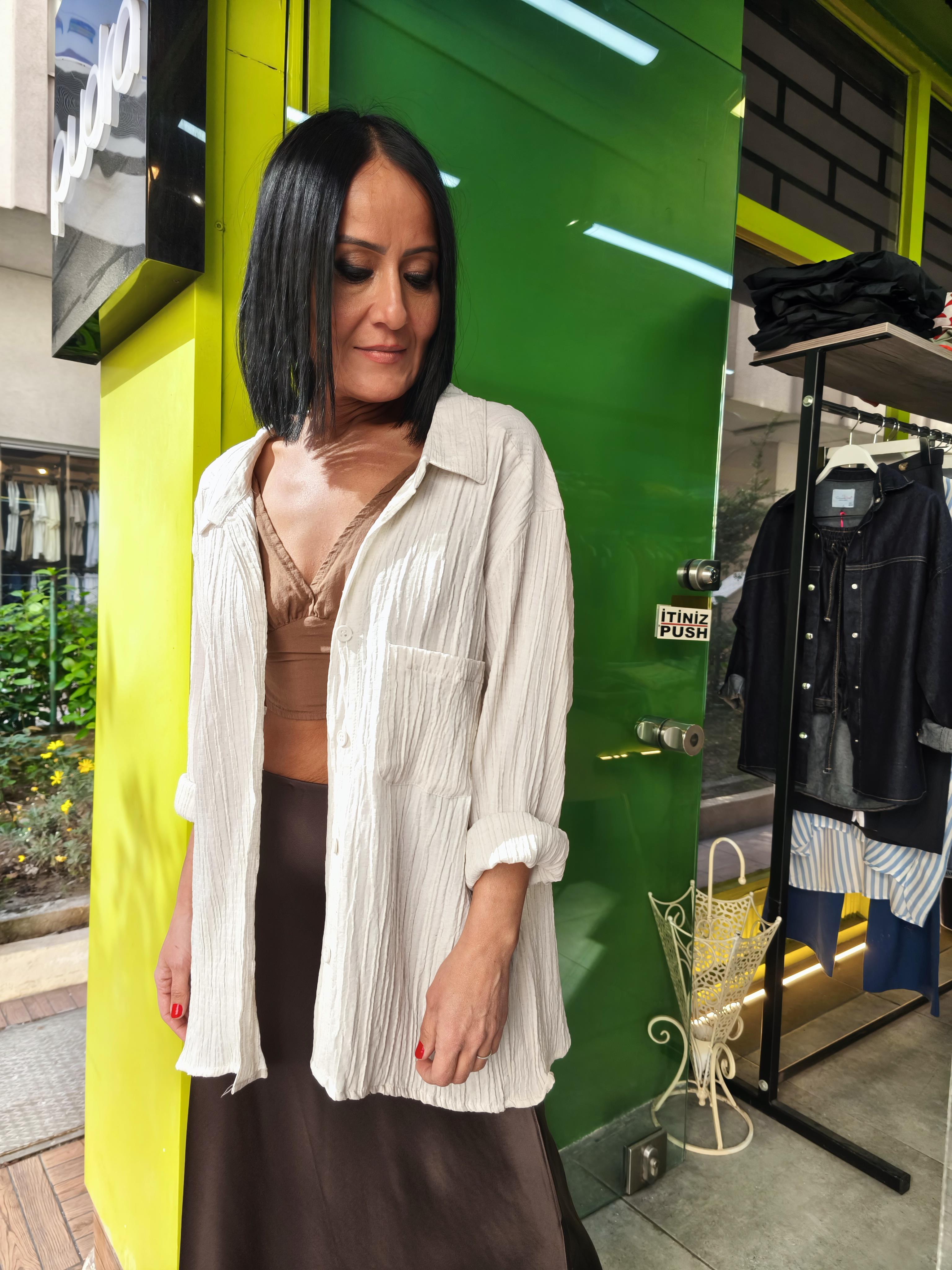 Bej Dokulu Oversize Gömlek