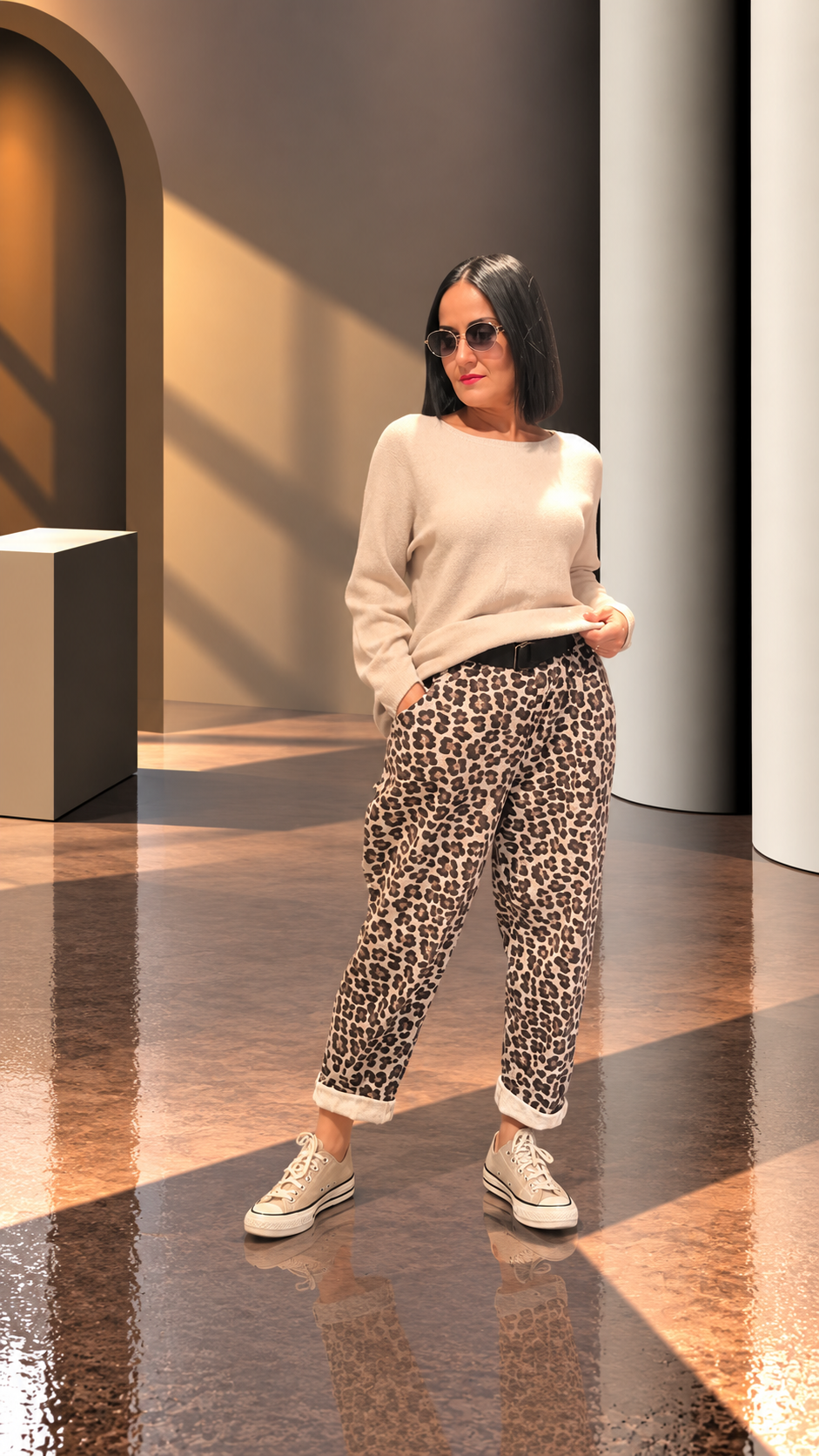Bej,Leopar Desen Kemerli Pantolon