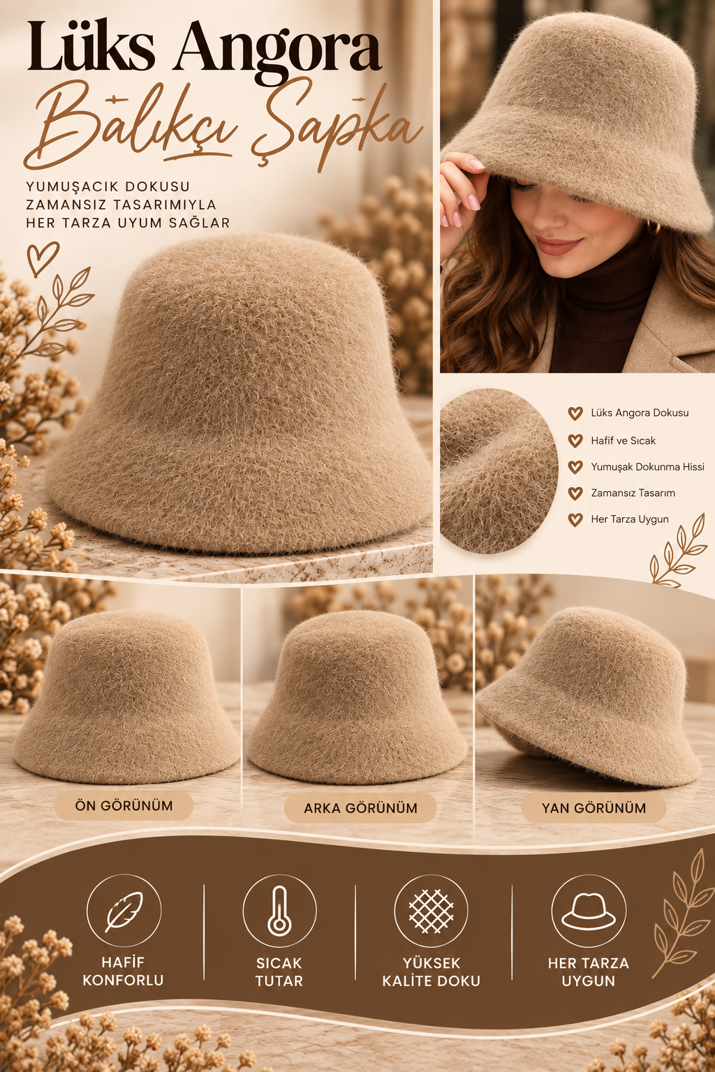 Bej,Lüx Angora Balıkçı Şapka