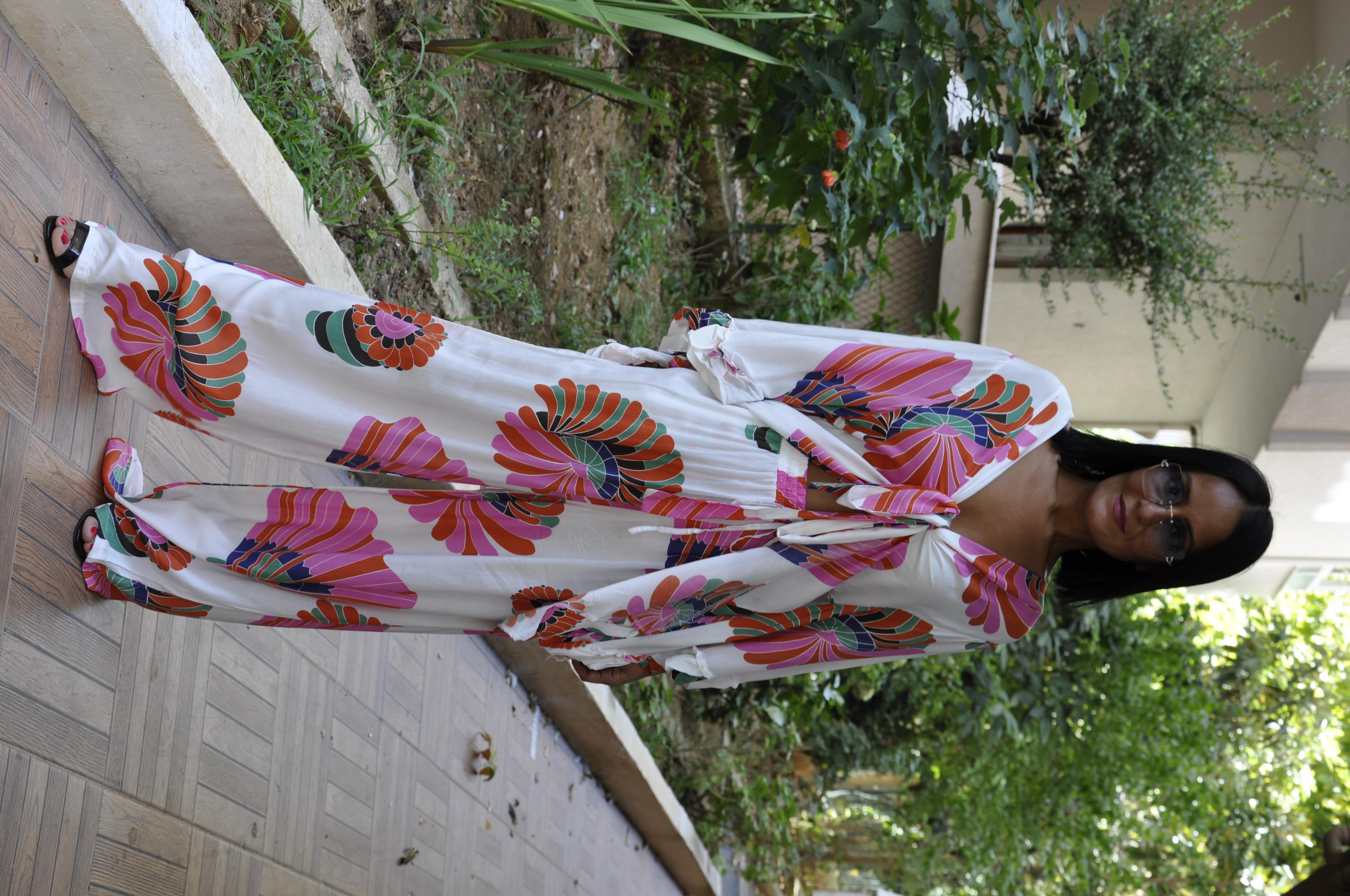 Beyaz Desenli Kimono Takım