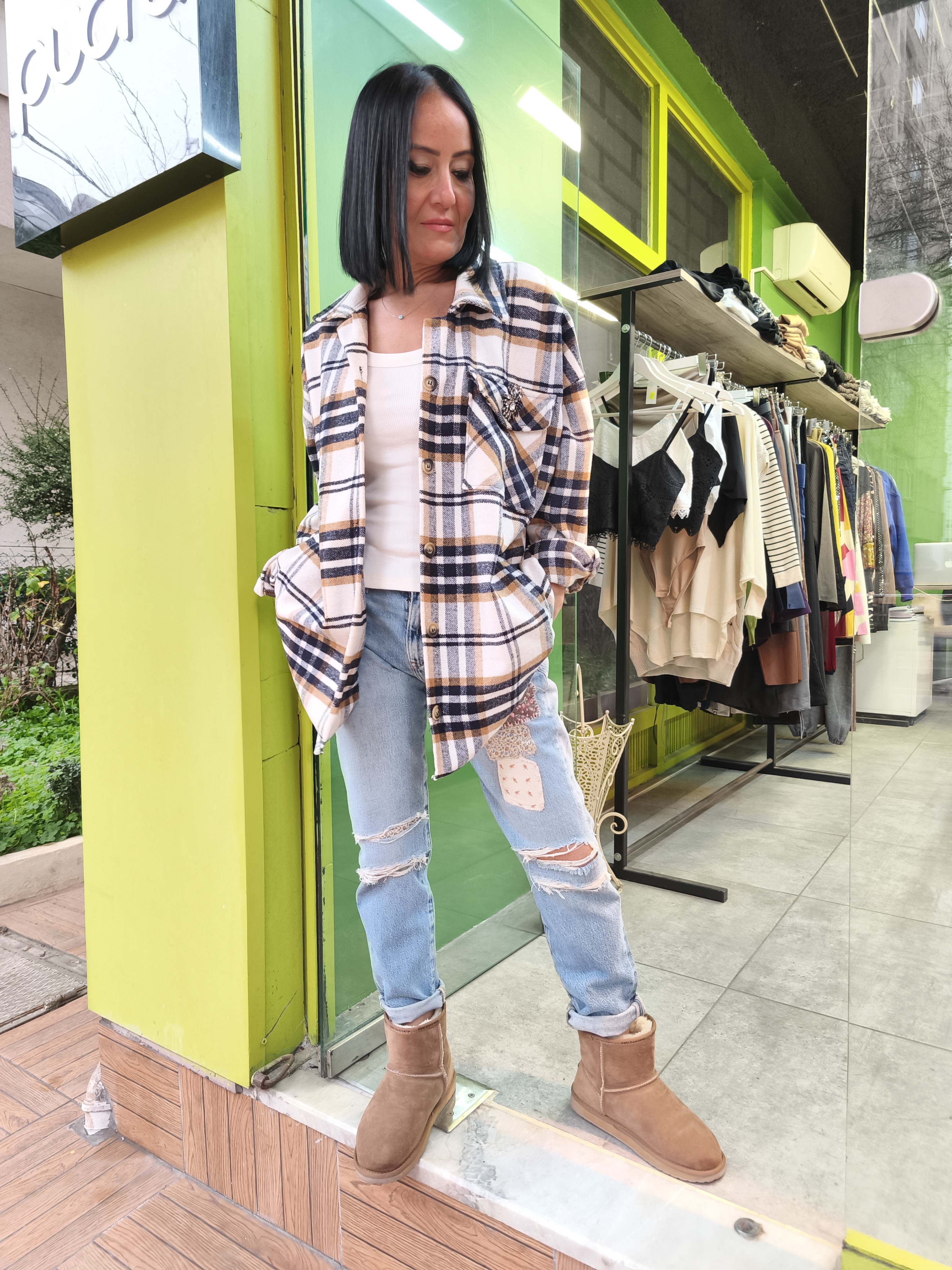 Beyaz Ekose Ceket&Gömlek