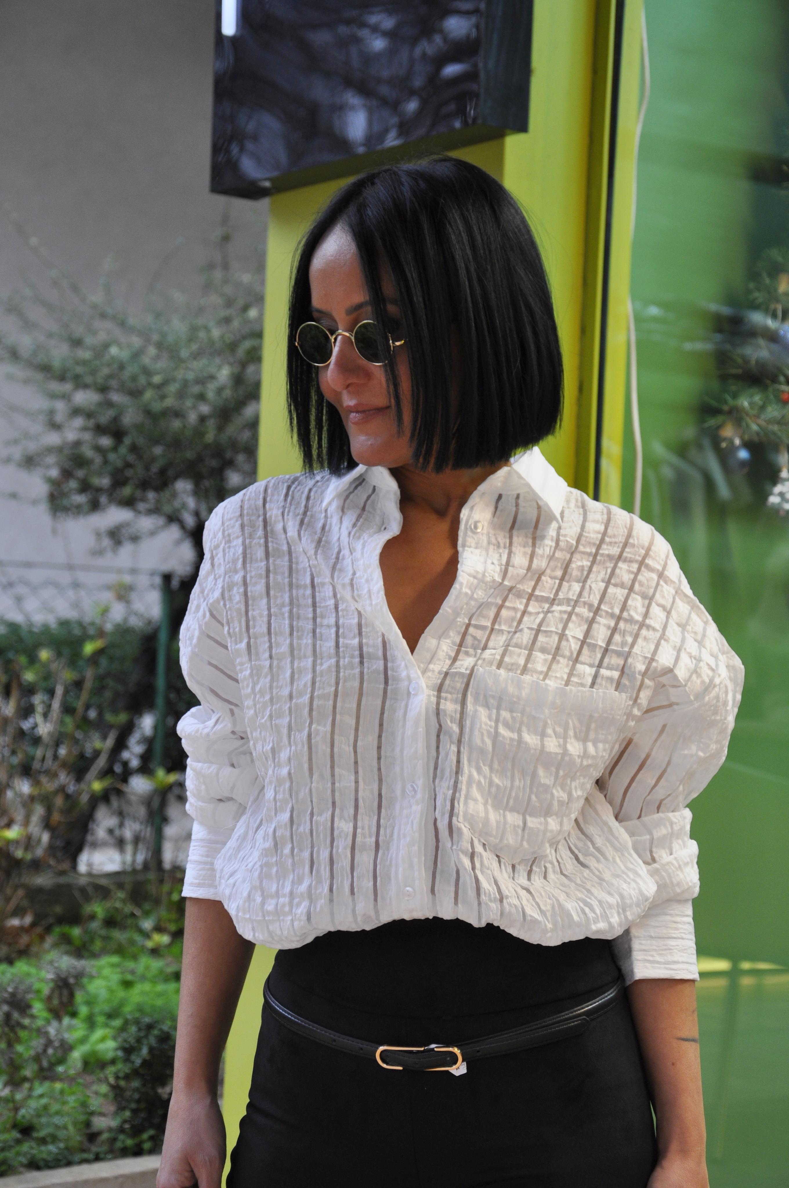 Beyaz,Transparan Çizgili Gömlek