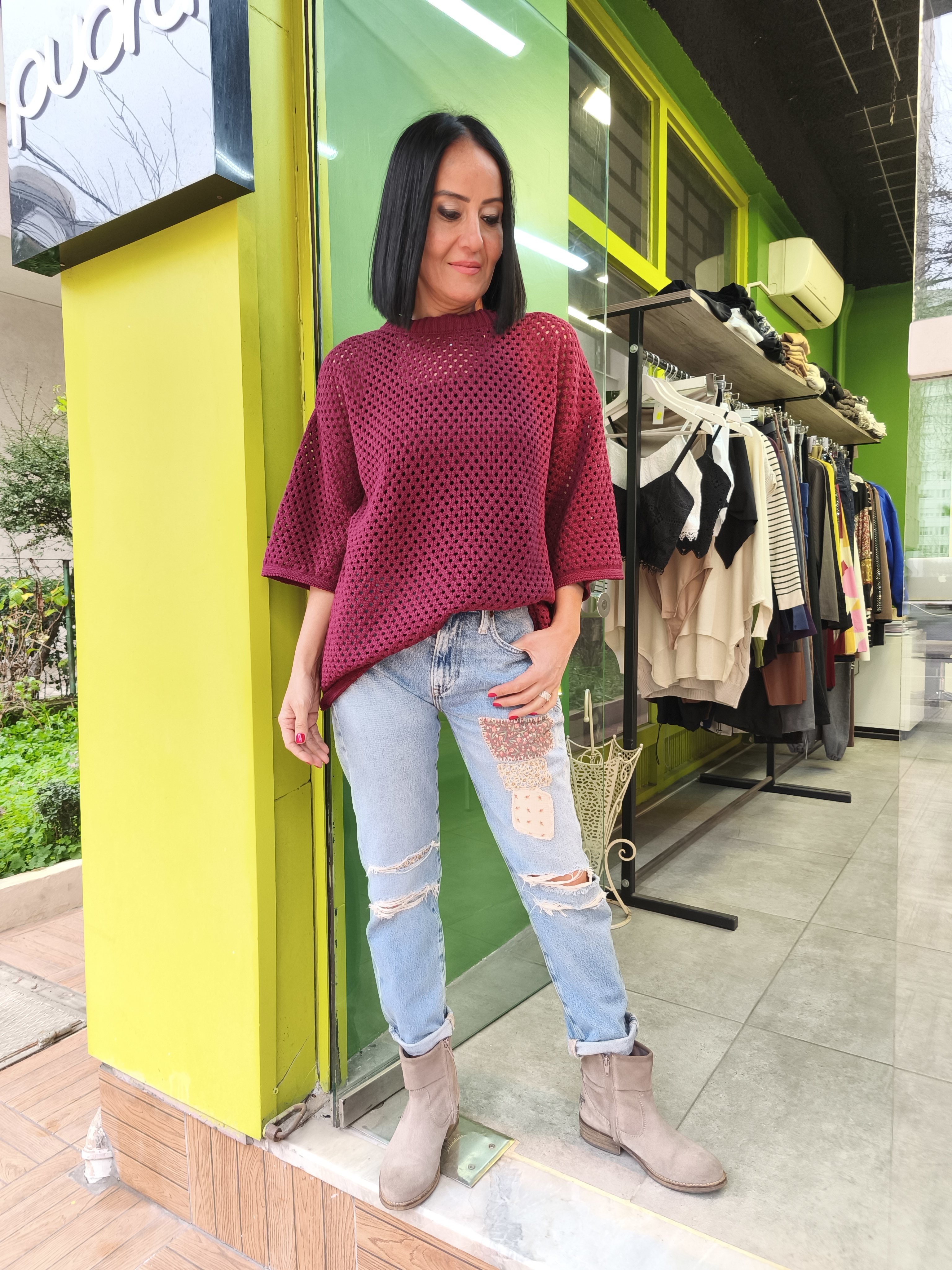 Bordo File Örgü Bluz