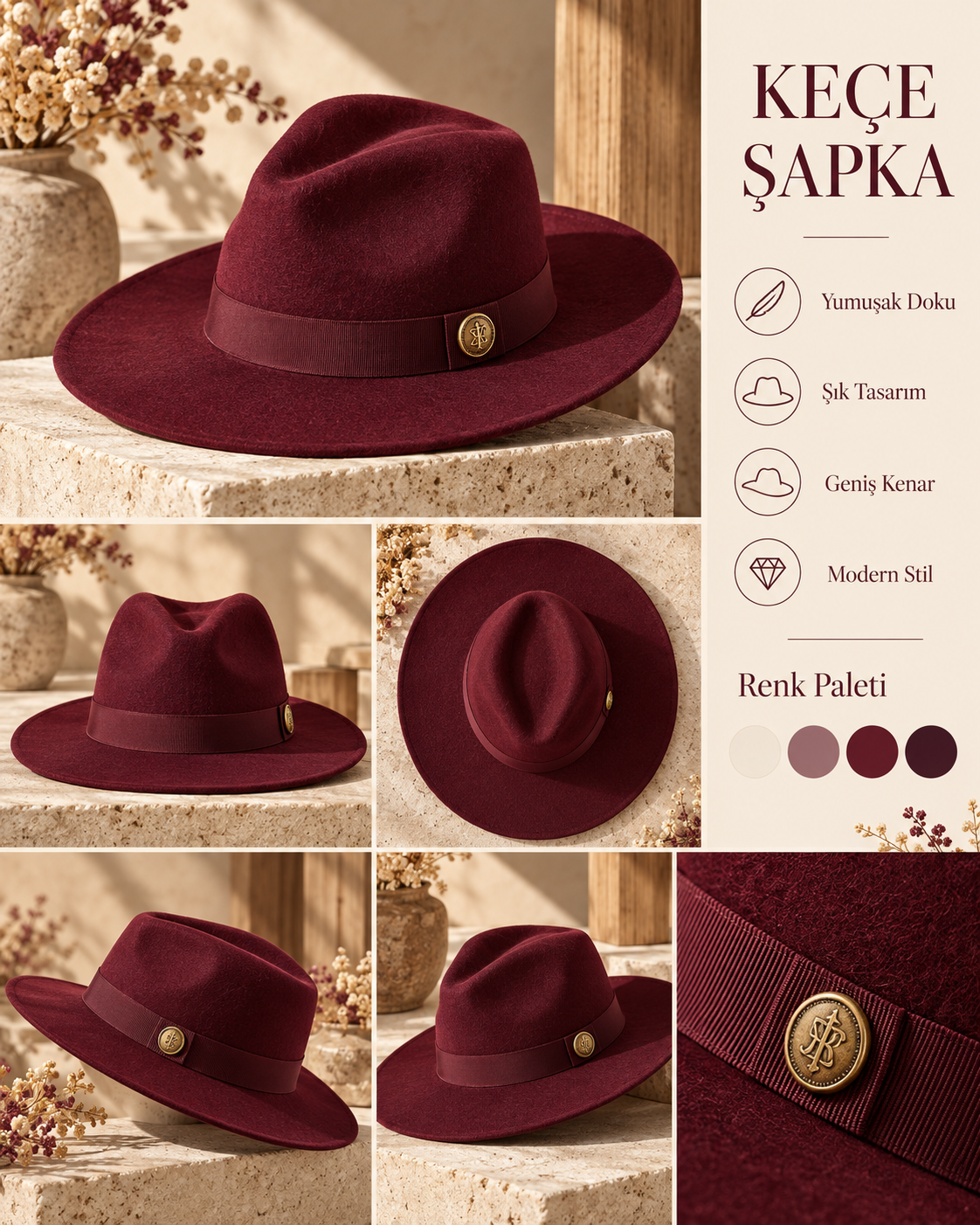 Bordo,Keçe Fötr Şapka