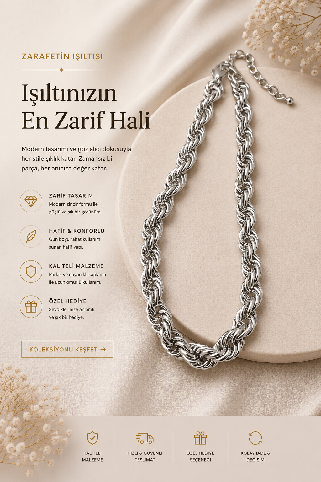 Çoklu Yaprak Detaylı Zincir Kolye