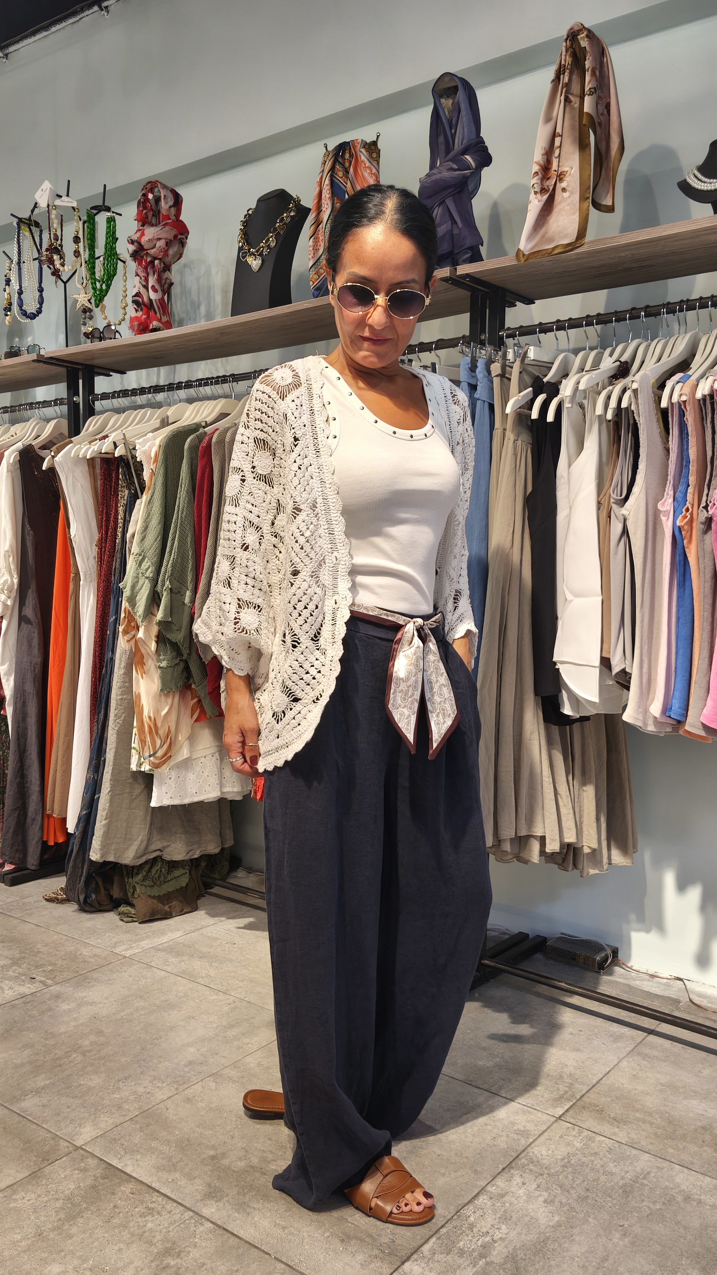 Ekru Dantel İşlemeli, Cotton,Önden Düğmeli Salaş Bluz