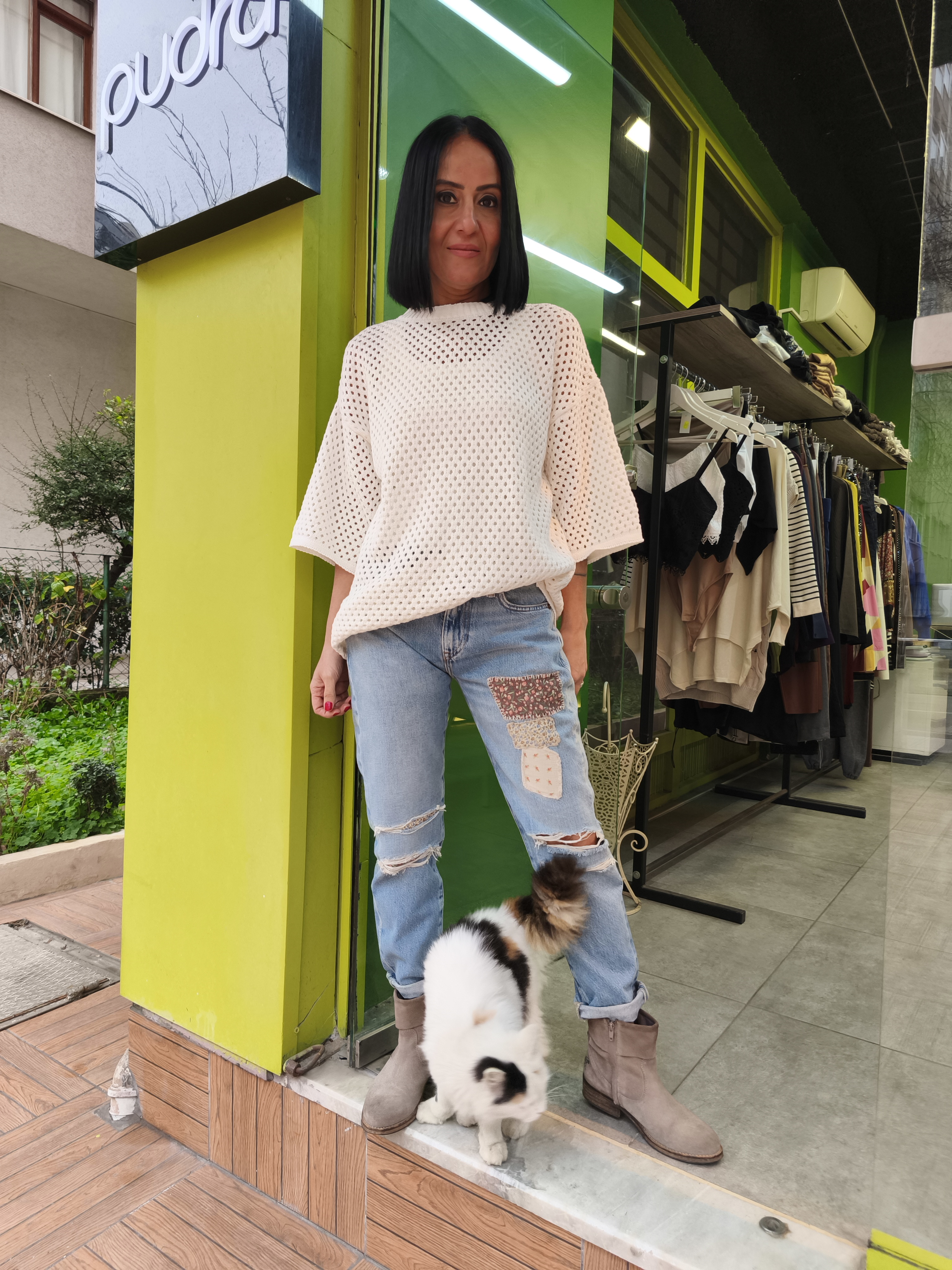 Ekru File Örgü Bluz