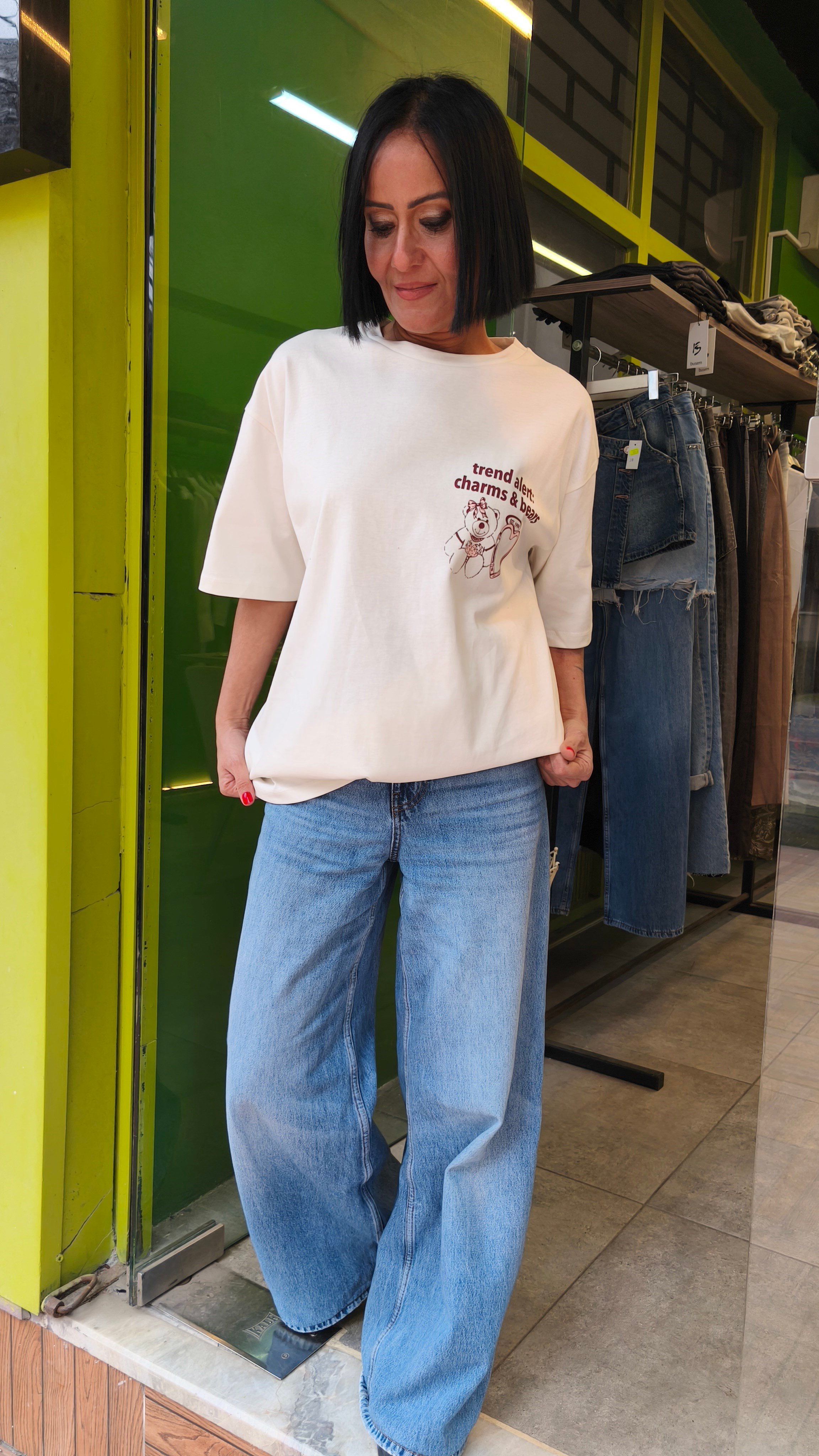 Ekru Oversize Baskılı Tişört