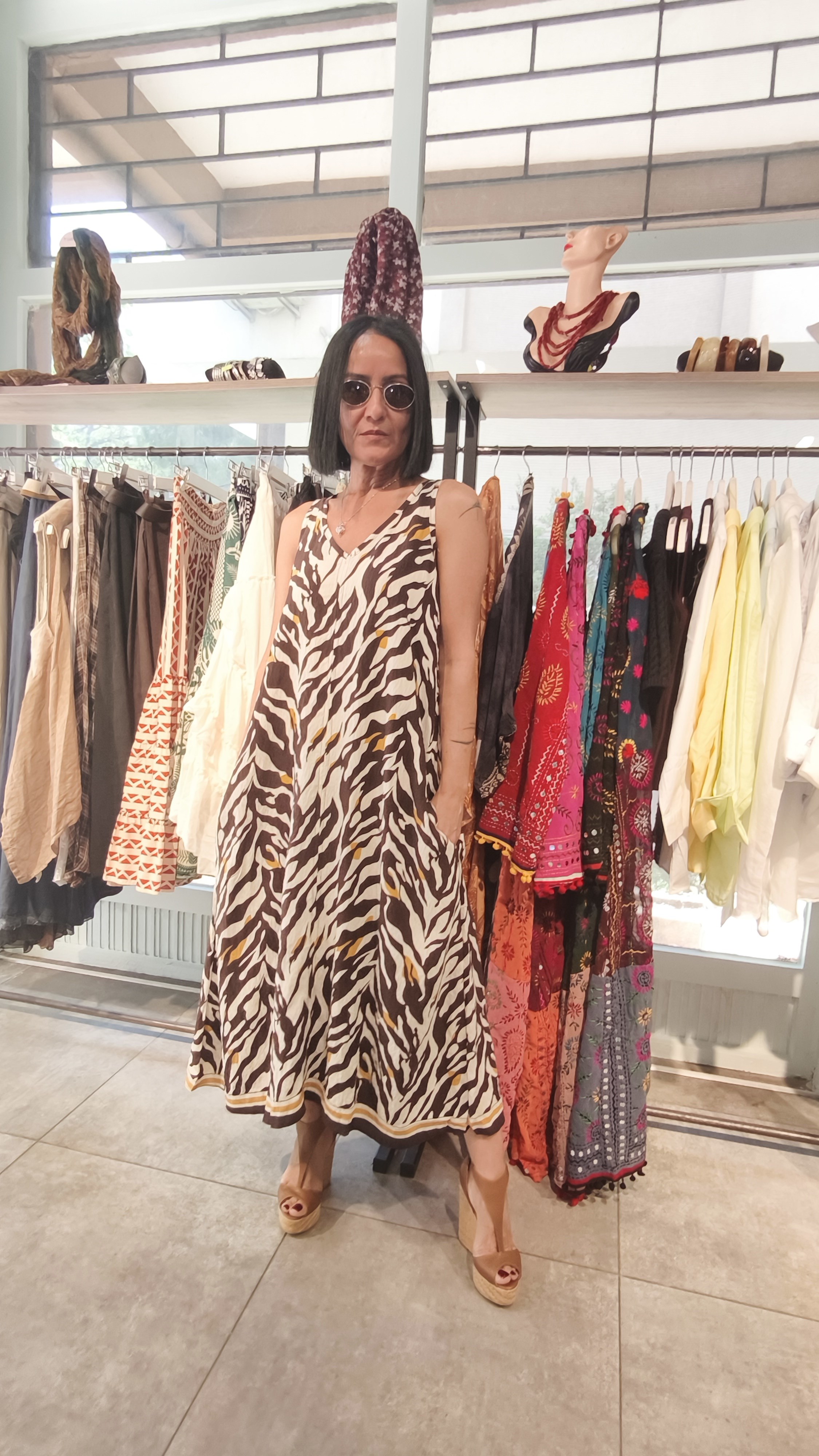 Kahve&Bej Zebra Desen Kolsuz Elbise