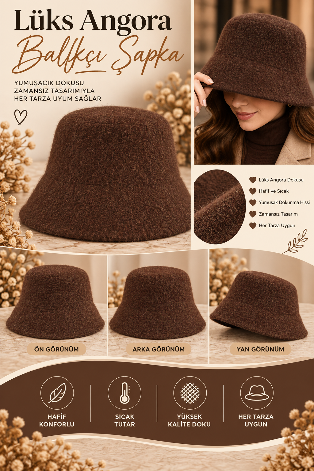 Kahve,Lüx Angora Balıkçı Şapka