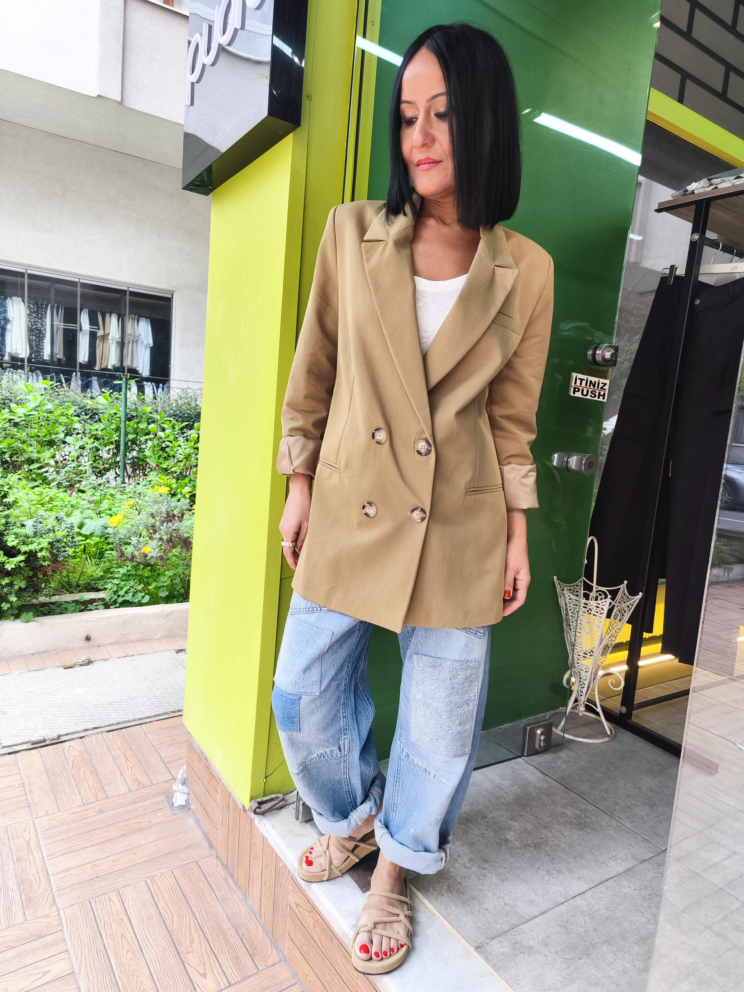 Karamel Oversize Kruvaze Ceket