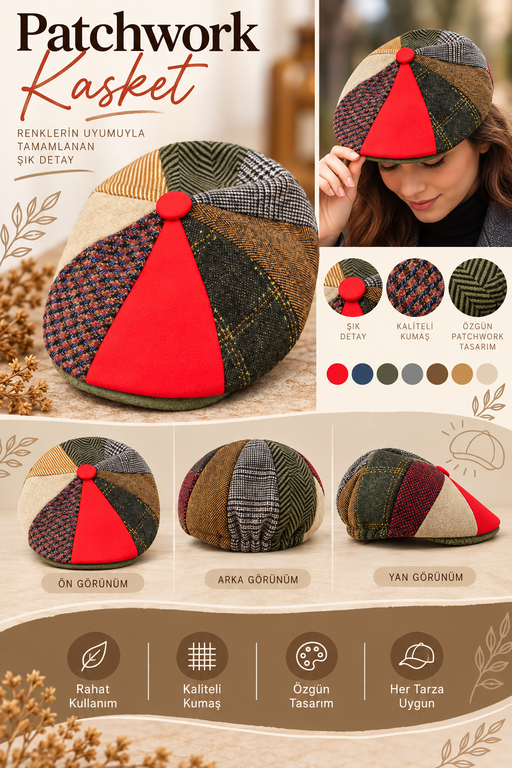 Kırmızı,Çok Renkli Patchwork Kasket