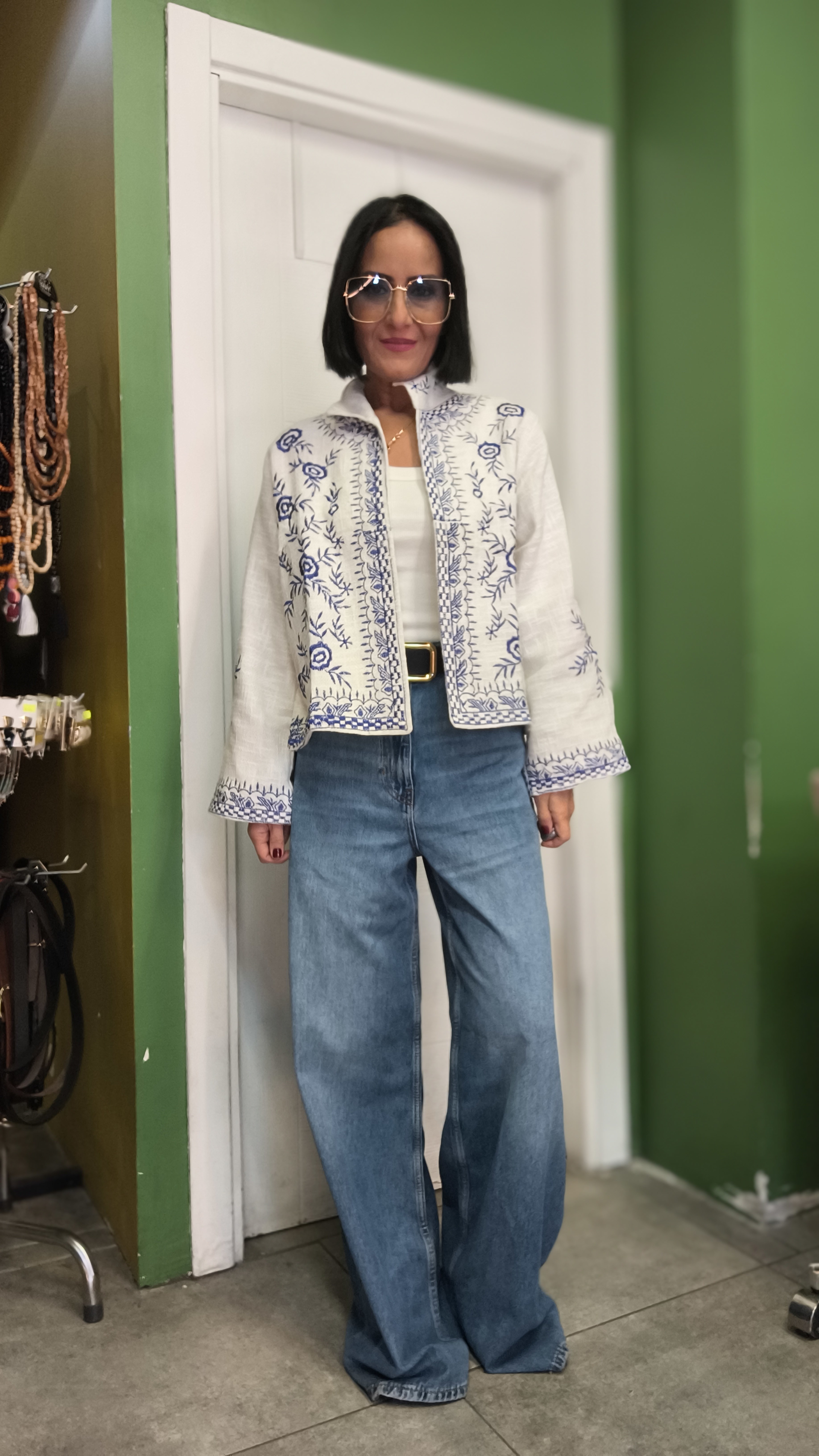 Mavi Nakış Detaylı Cotton Ceket