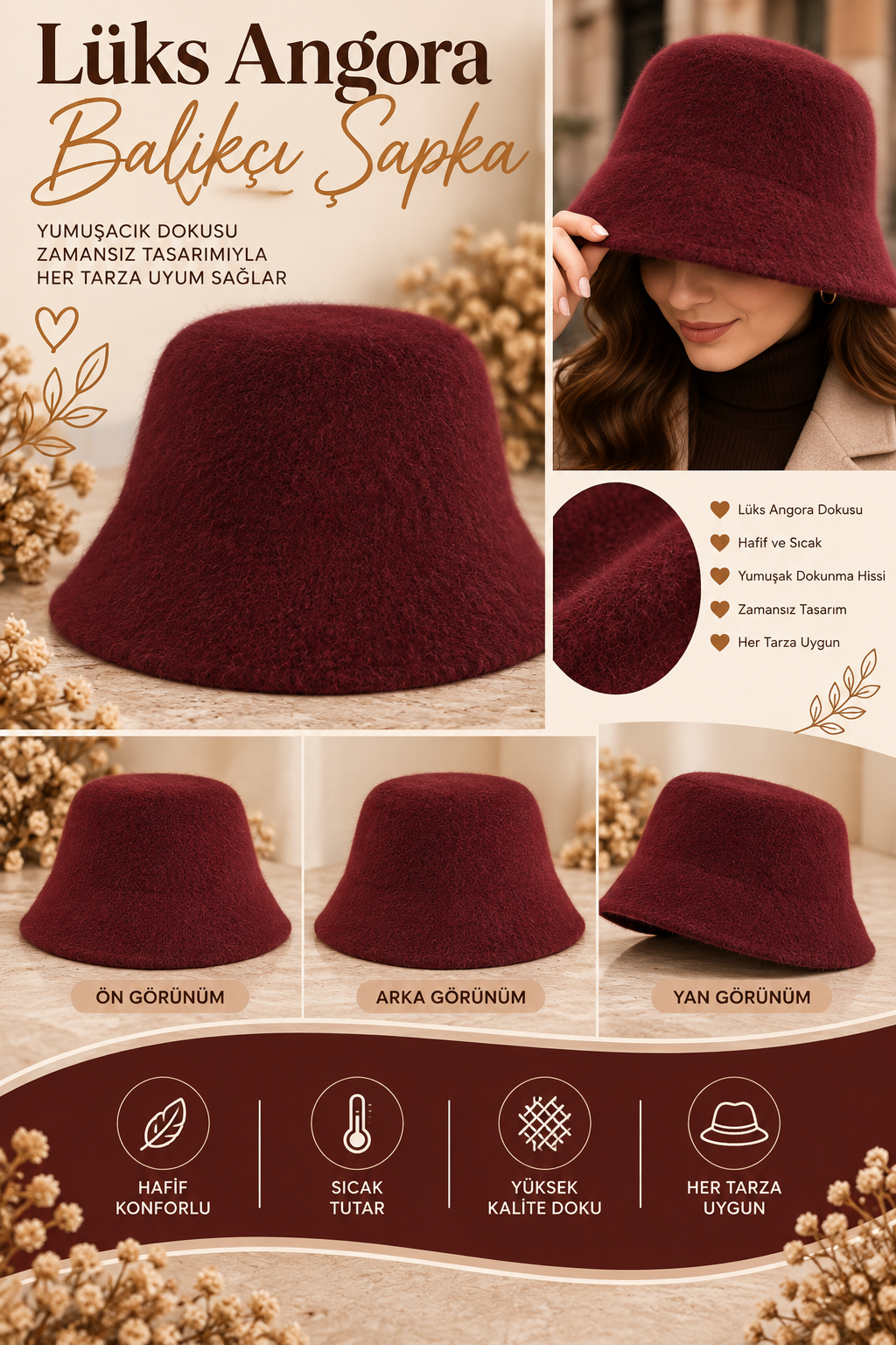 Mürdüm,Lüx Angora Balıkçı Şapka