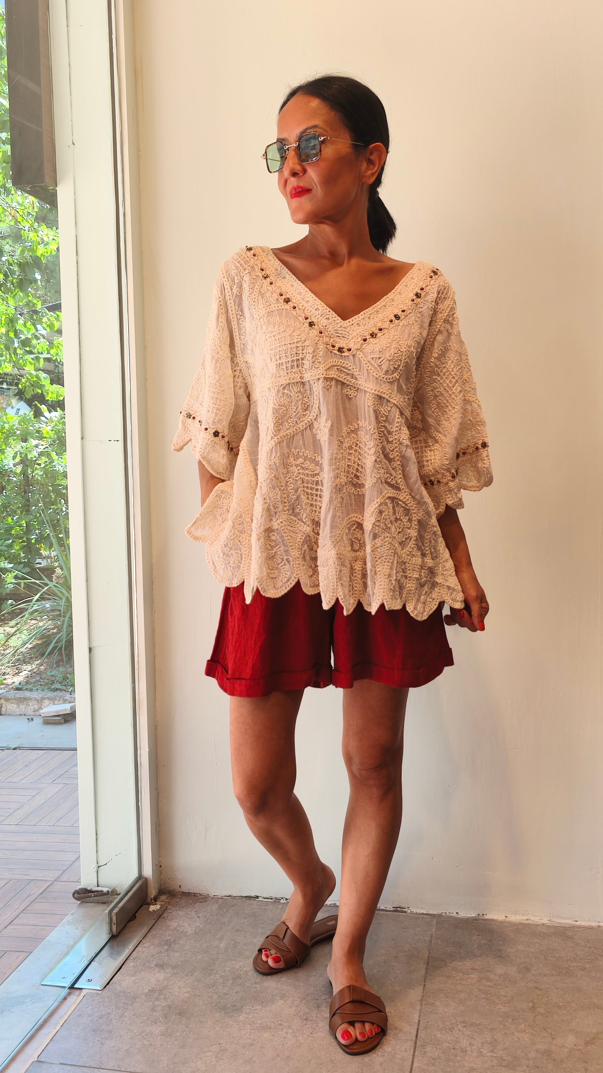 Natural Dantel İşlemeli, Boncuk İşlemeli Cotton Salaş Bluz