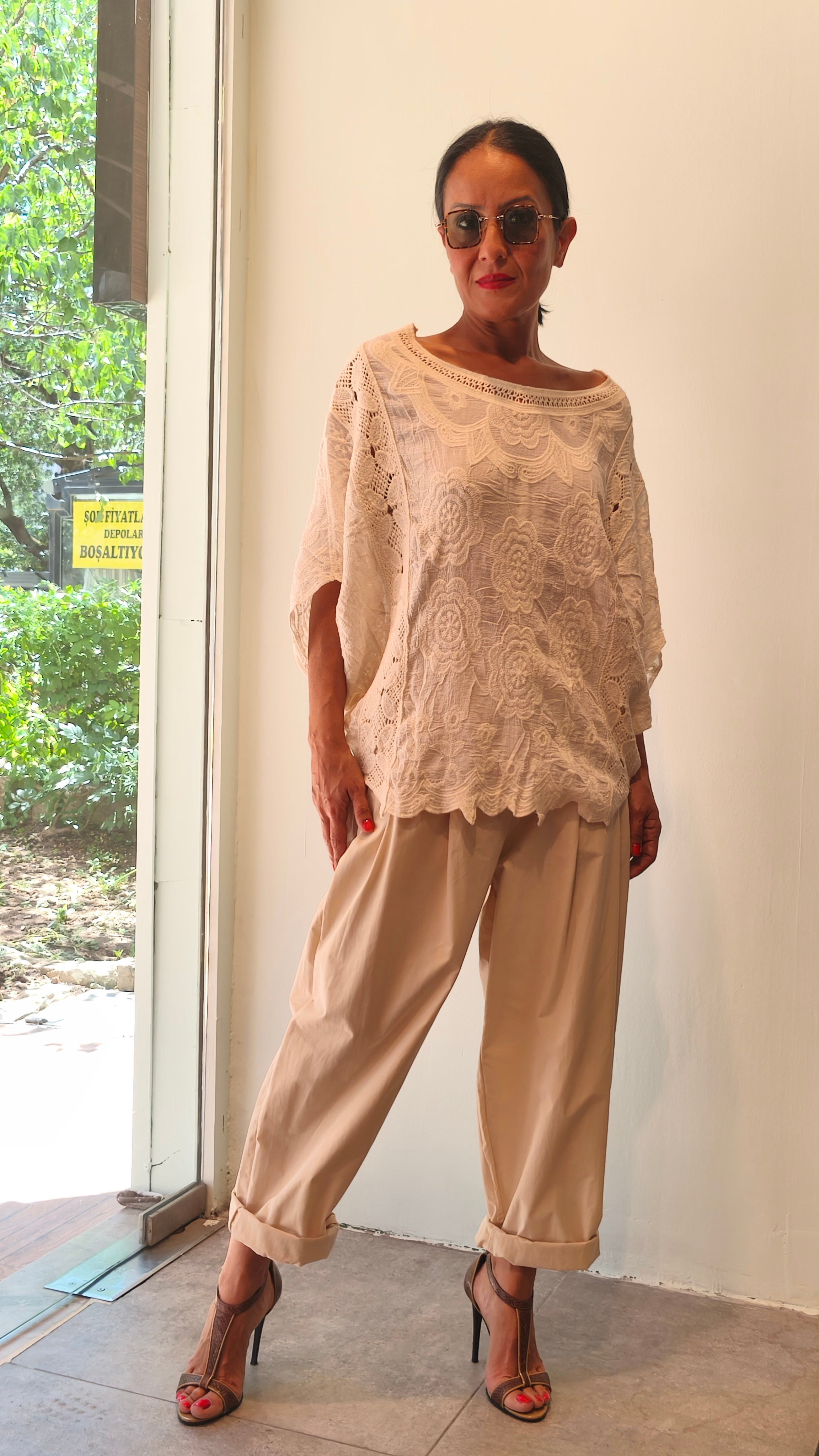 Natural Dantel İşlemeli, Cotton Salaş Bluz