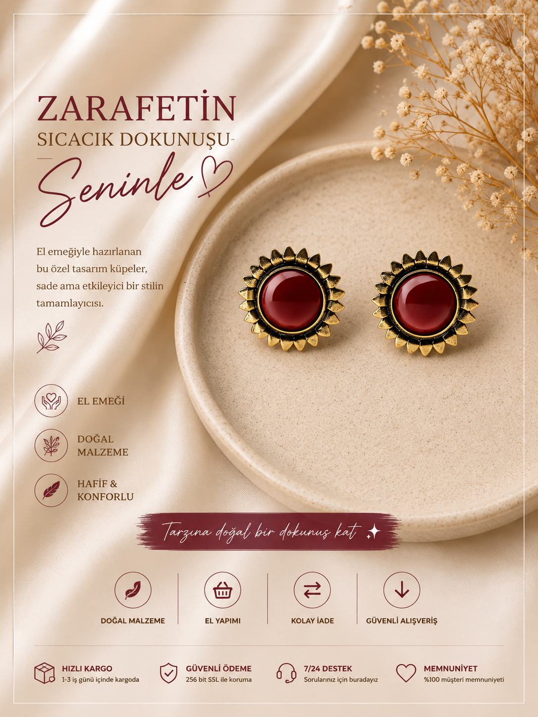 Sarı Renk Bordo Taşlı Küpe